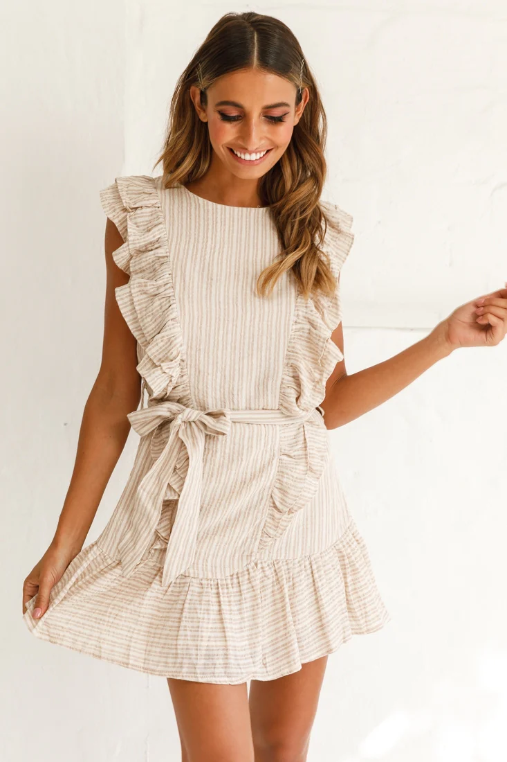Easy Breezy Sleeveless Swing Dress Stripe Print Beige - Sonourner