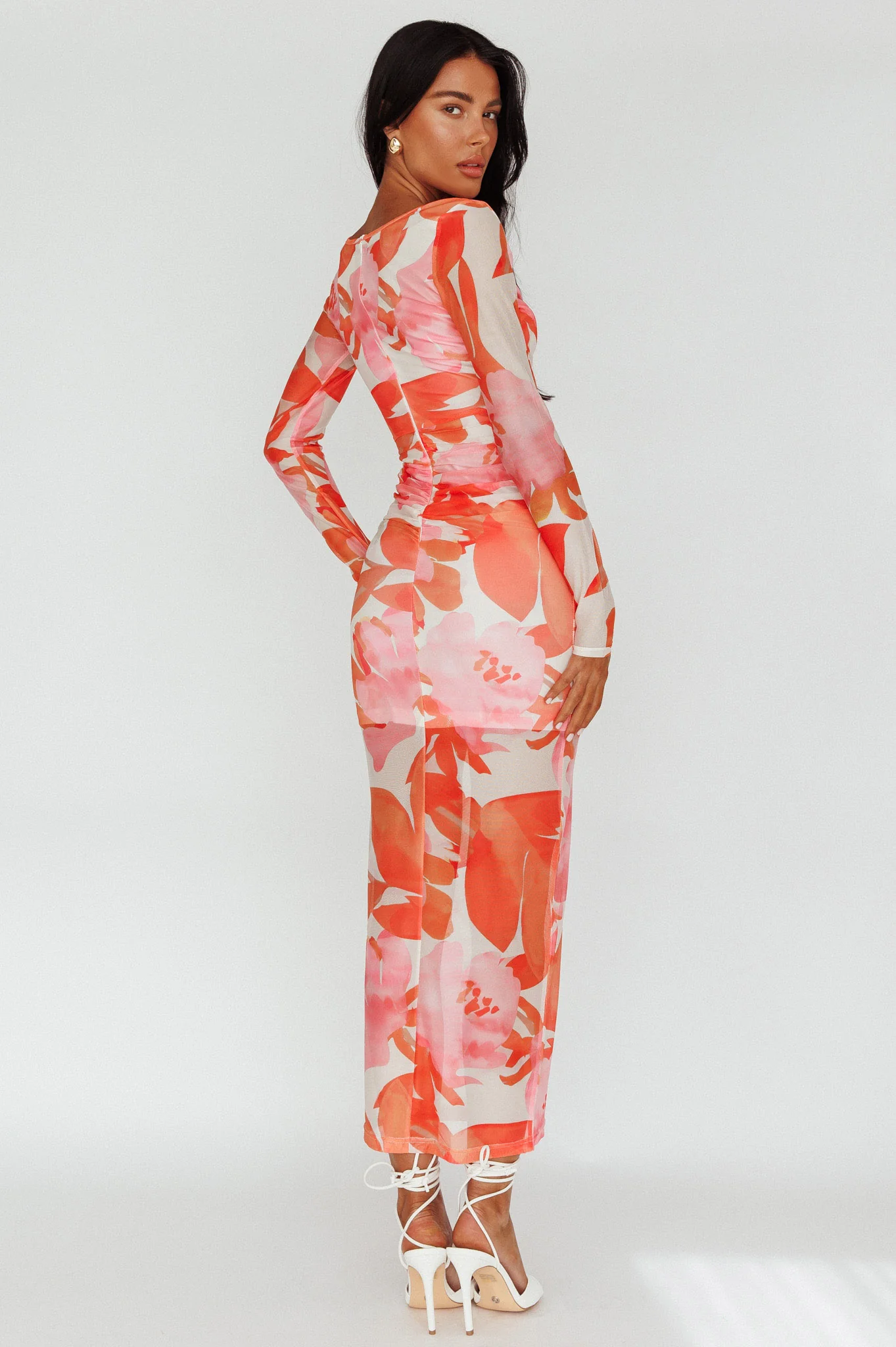 Chardae Long Sleeve Mesh Midi Dress Floral Pink - Sonourner