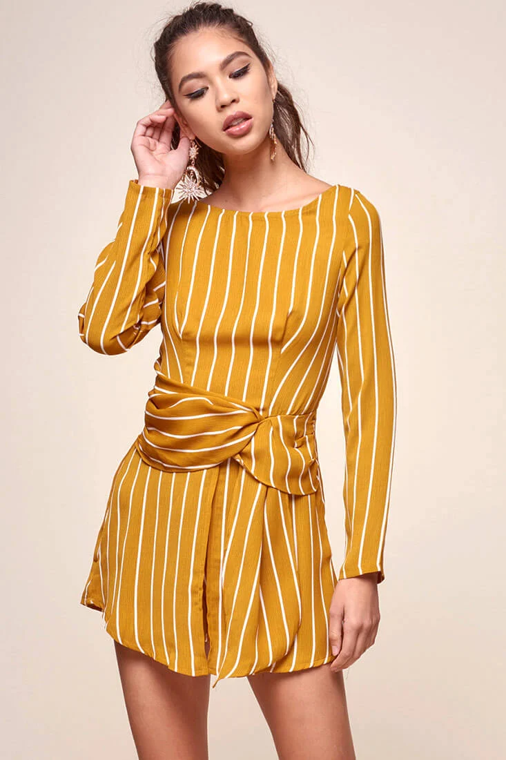 Abbey Waist Tie Pinstripe Romper Mustard & White - Sonourner