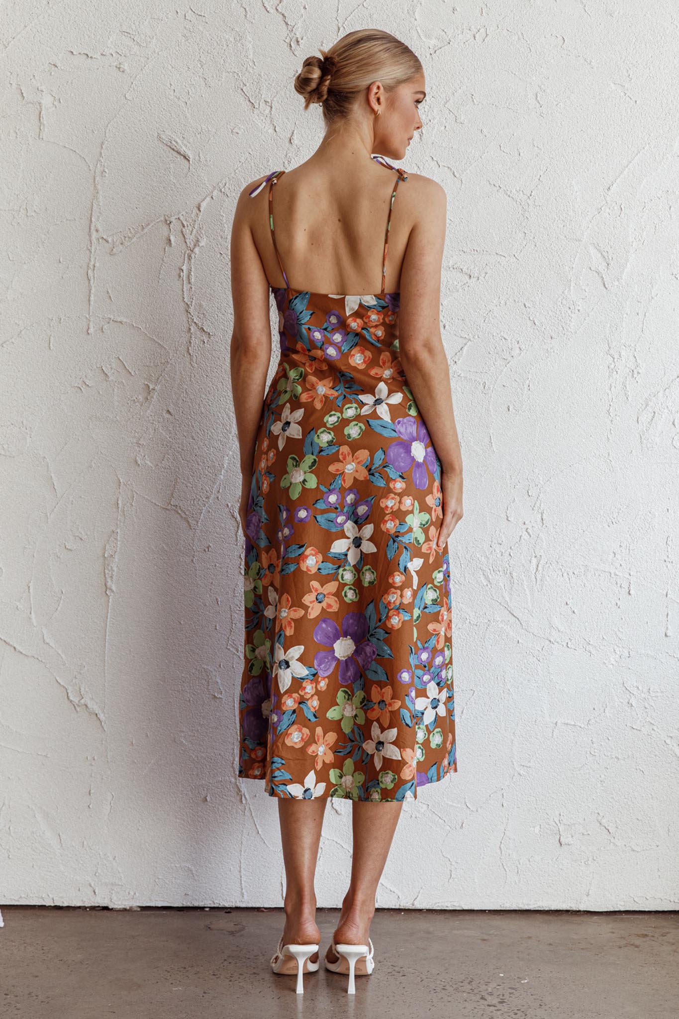 Clovelly Tied Shoulder Midi Dress Flower Terracotta - Sonourner