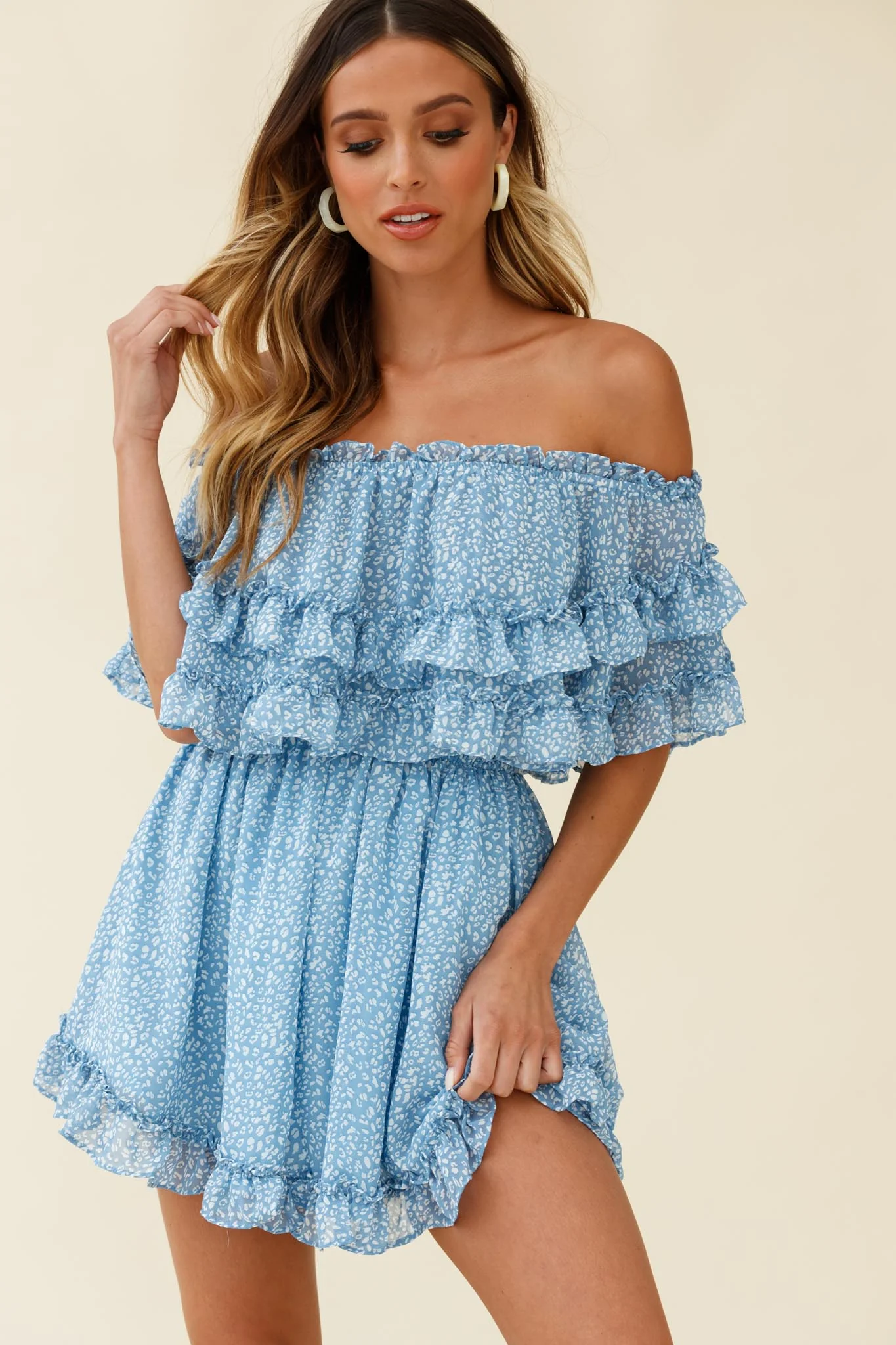 Meet Me At Sunset Bardot Neckline Frill Trim Dress Speckle Print Blue - Sonourner
