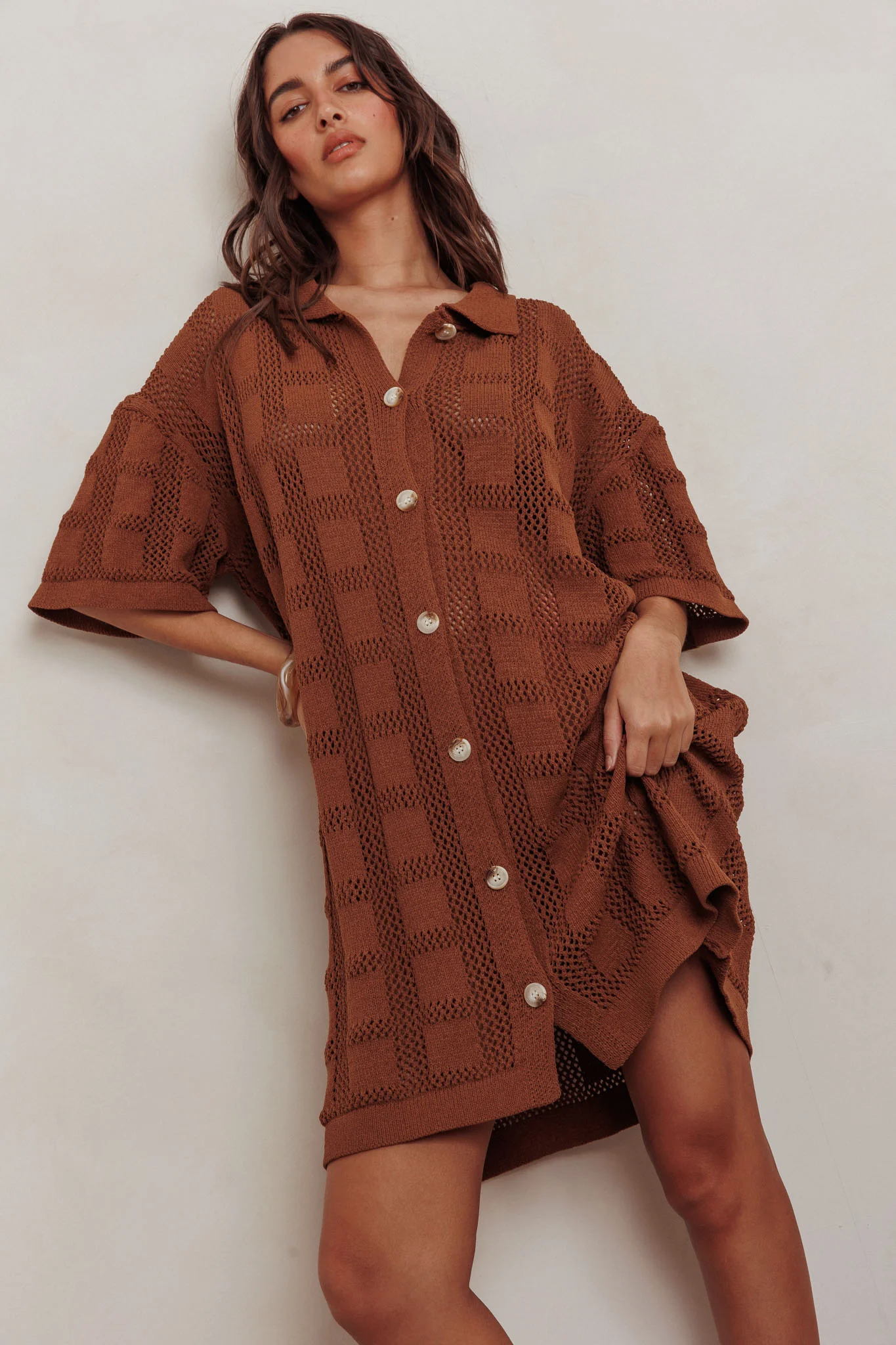 Best Friend Knit Shirt Dress Chocolate - Sonourner