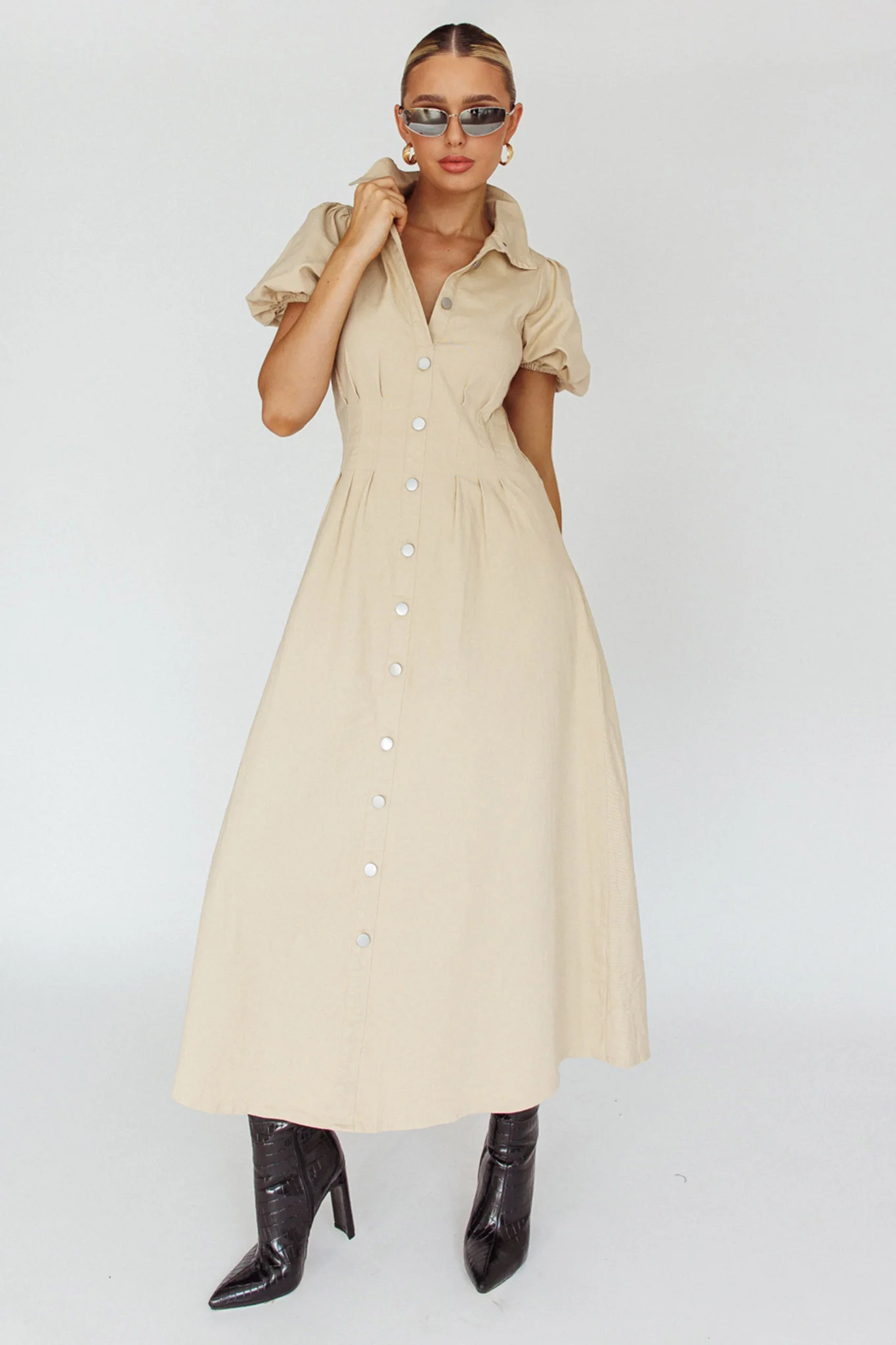Zurich Pleated Waist Midi Dress Beige - Sonourner