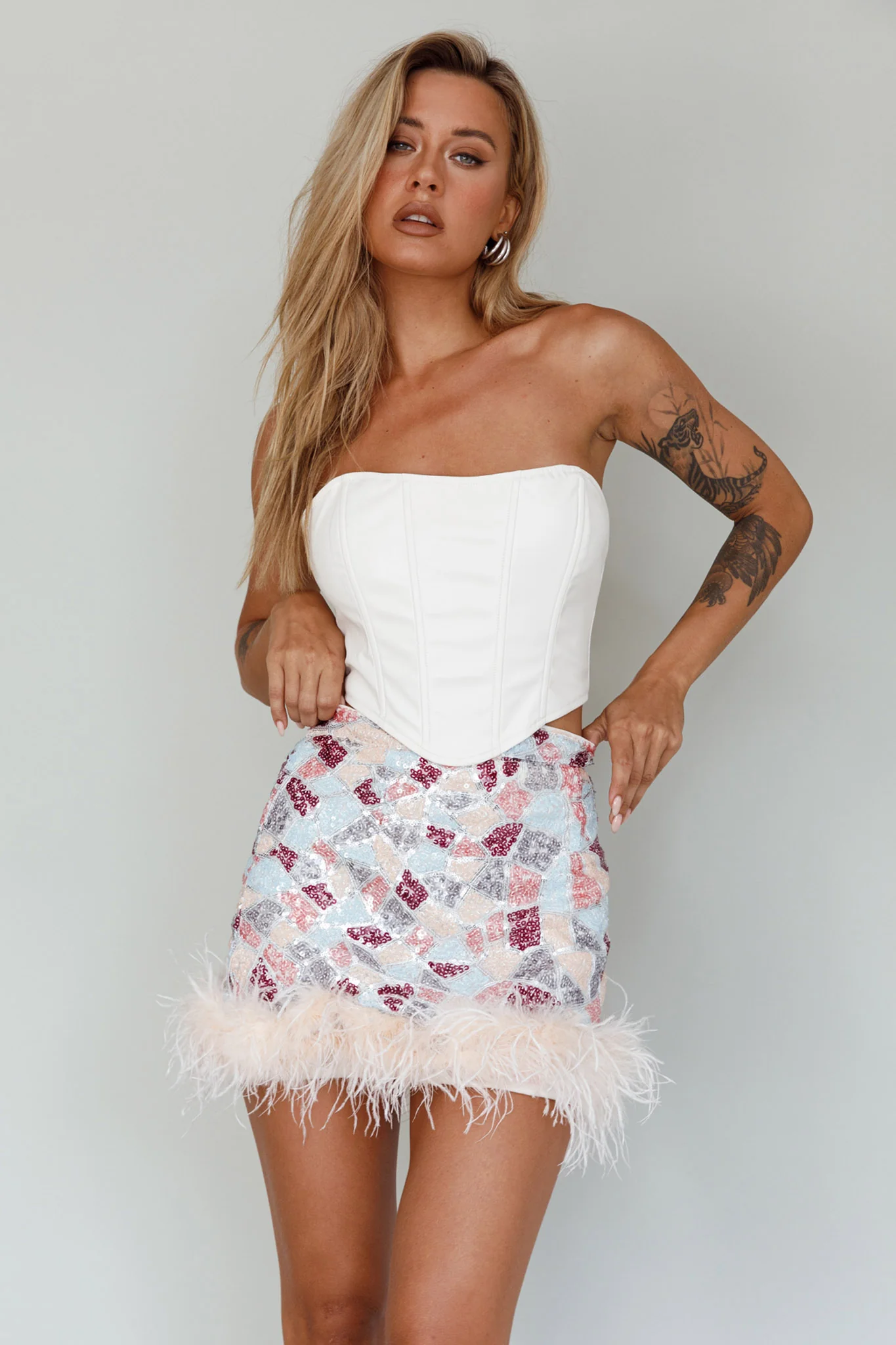 Sunset Boulevard Sequin Feather Mini Skirt Multi - Sonourner