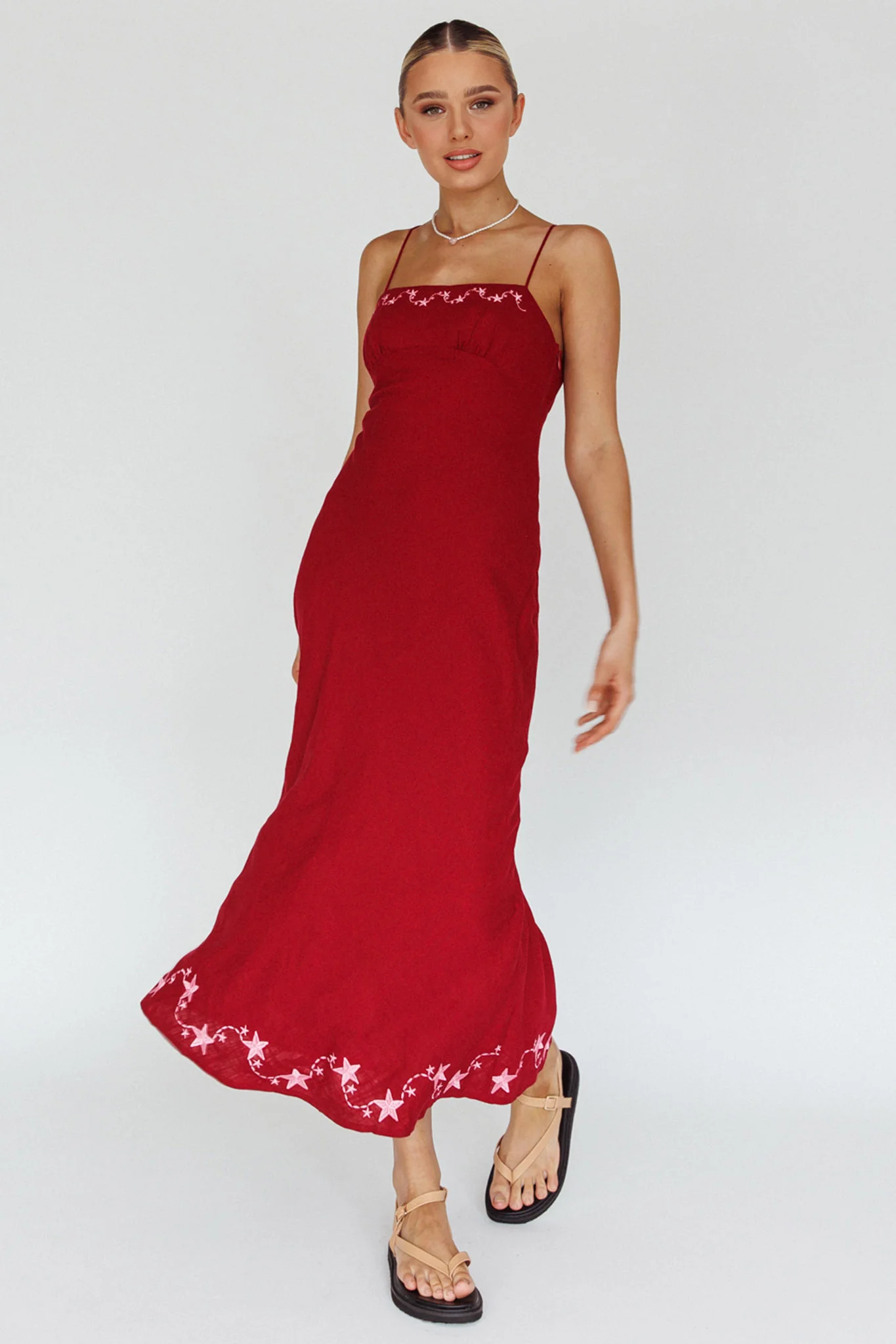 Star Garden Embroidered Midi Dress Wine - Sonourner