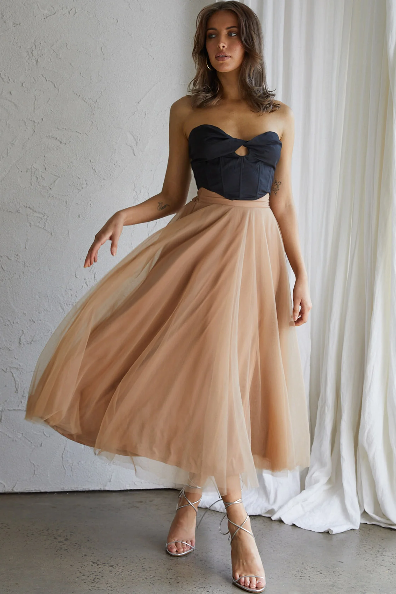 Jasmine Organza Mesh Elasticated Waist Midi Skirt Brown - Sonourner