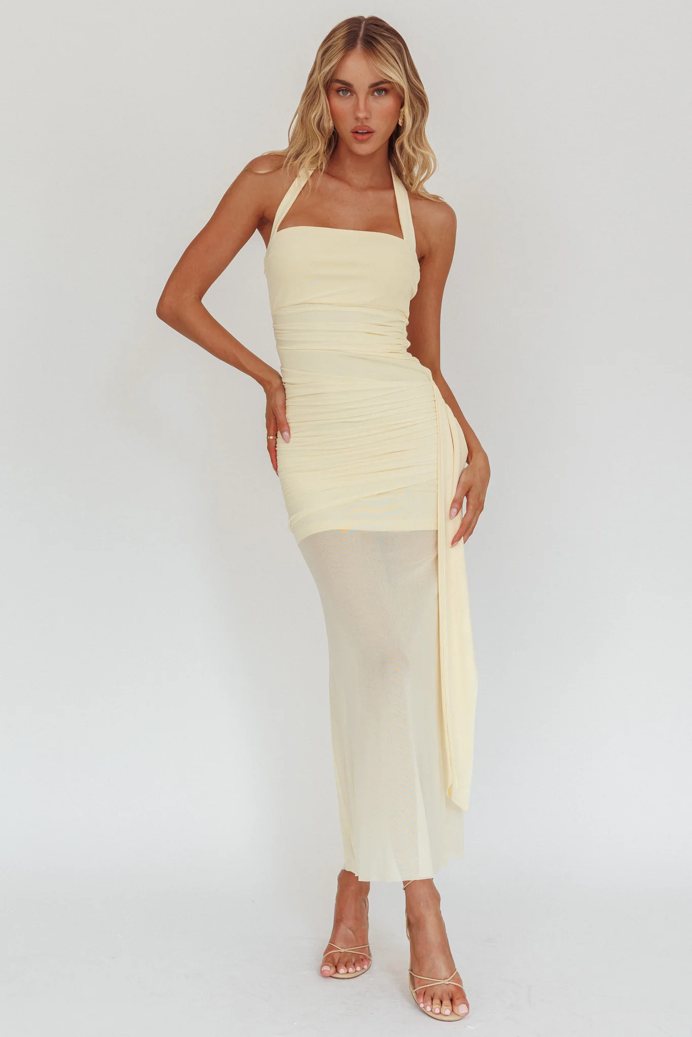 Rebekkah Halterneck Side Sash Maxi Dress Butter - Sonourner