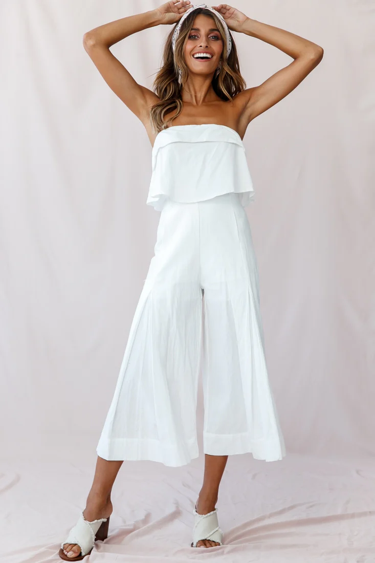 Saturday Layered Bandeau Wide Leg Capri Jumpsuit White - Sonourner