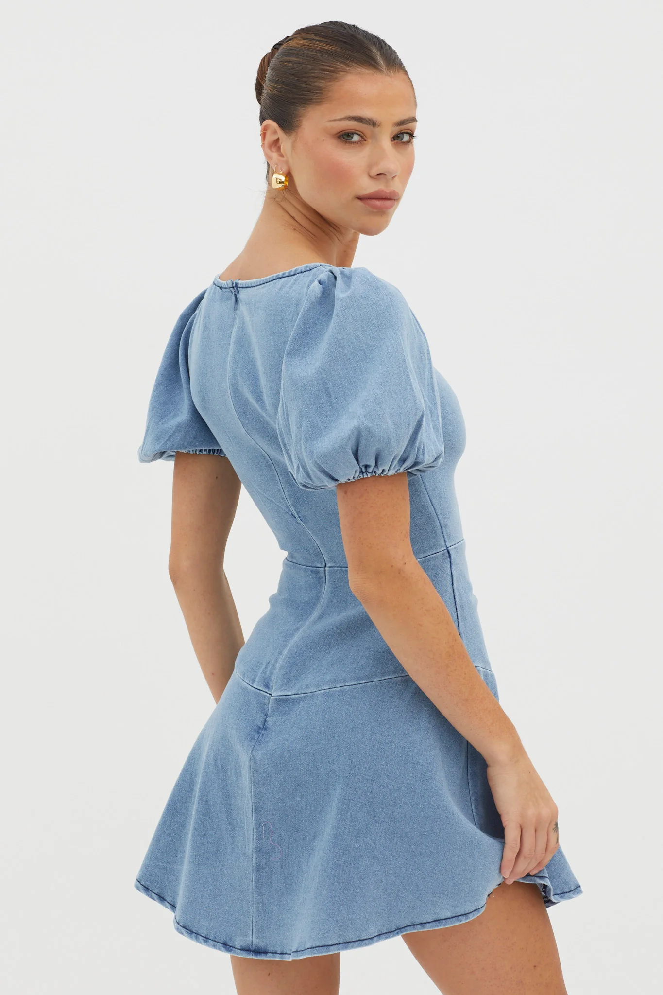 New Heights Puff Sleeve Mini Dress Denim Blue - Sonourner
