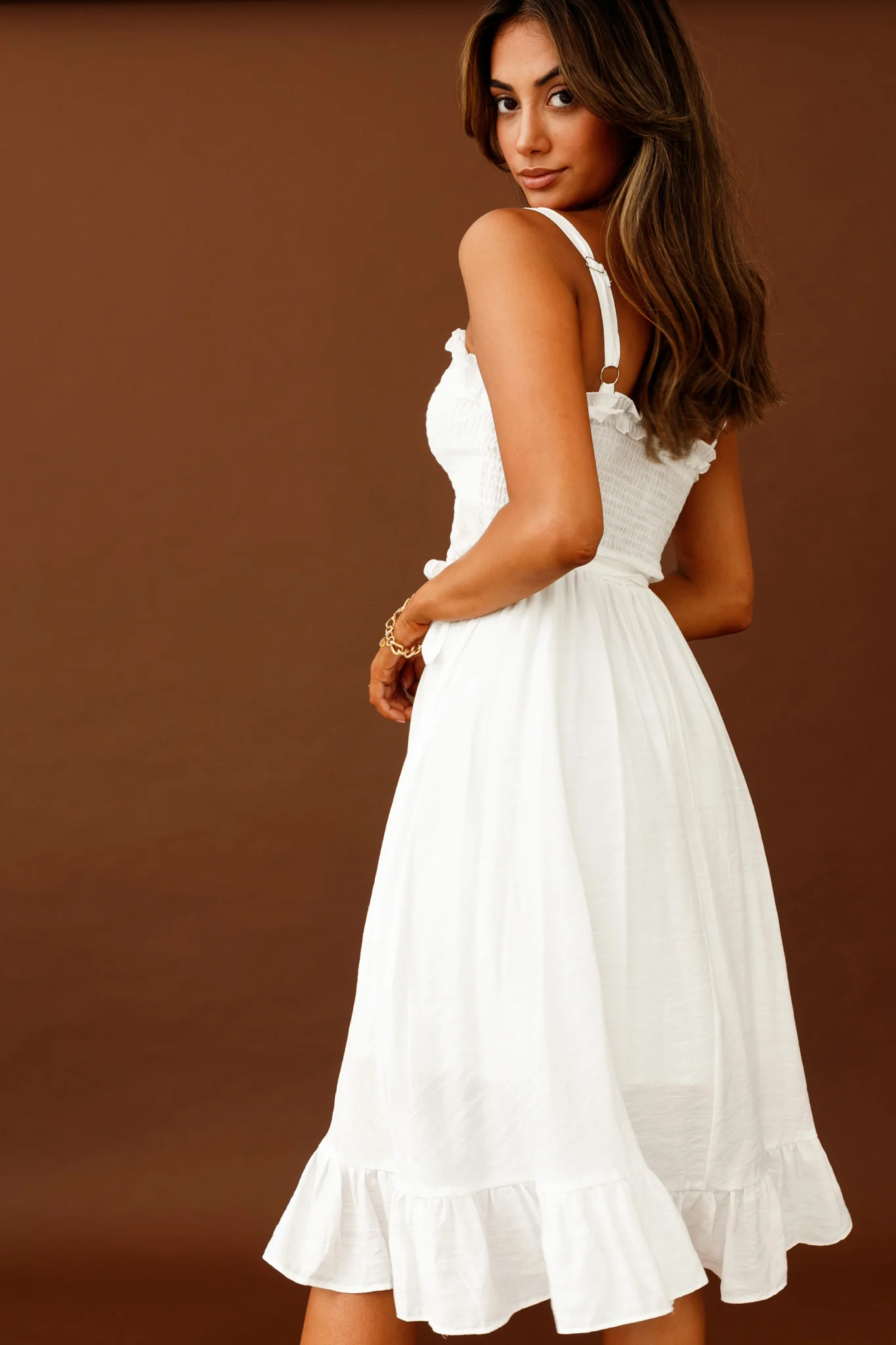 Honey Shirred Frill Midi Dress White - Sonourner