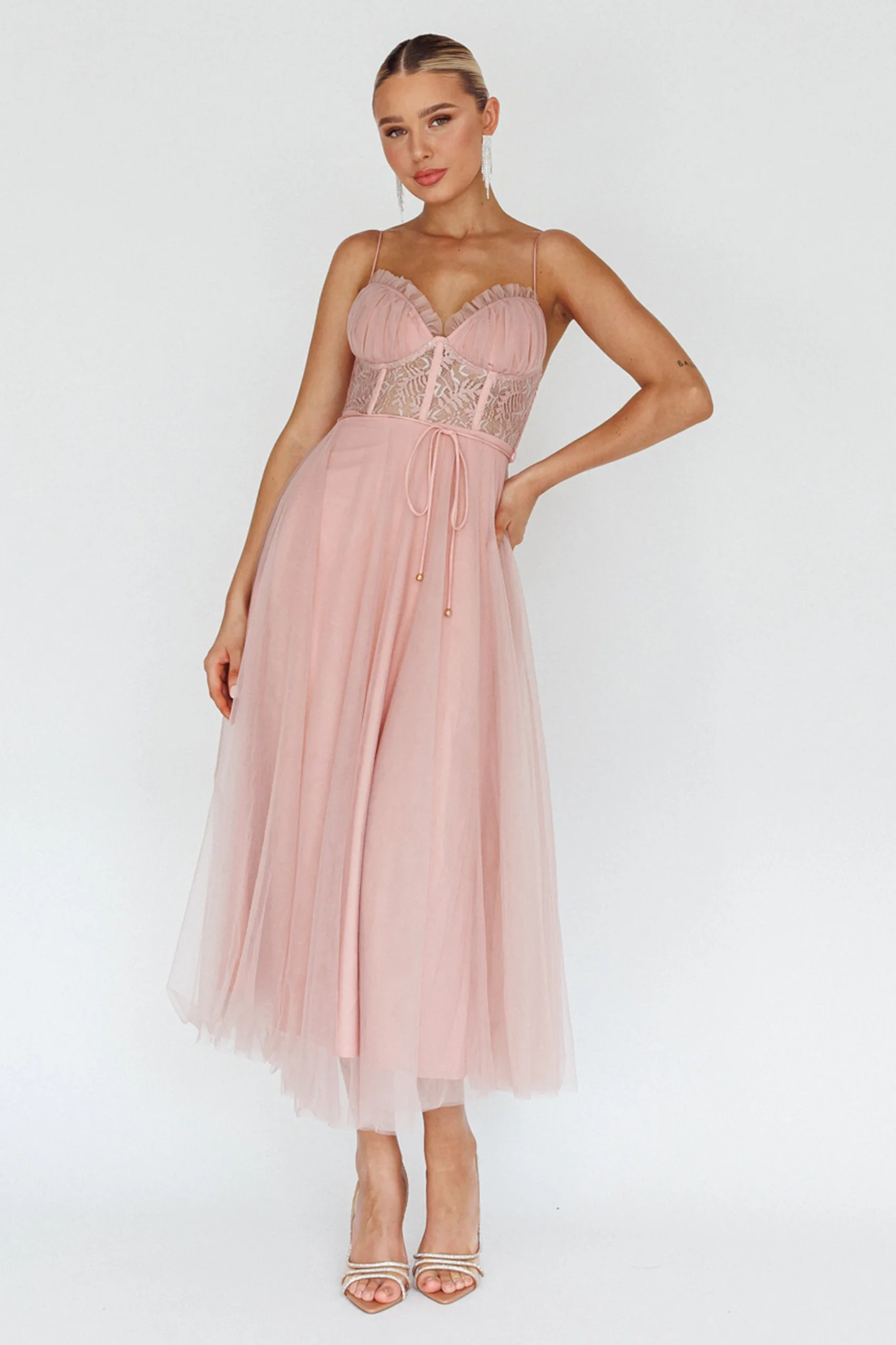 Trophy Lace Bodice Mesh Midi Dress Blush - Sonourner