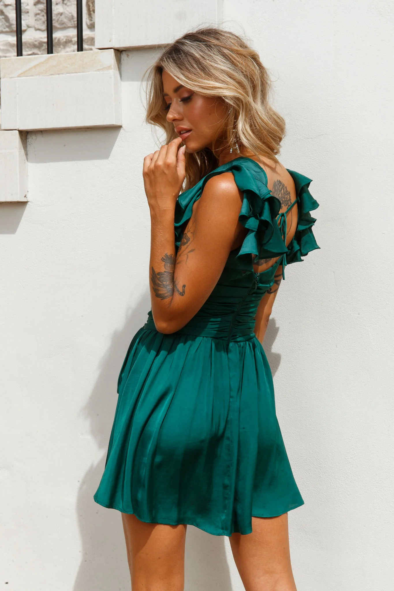 Lola Ruffle Shoulder Ruched Dress Forest Green - Sonourner