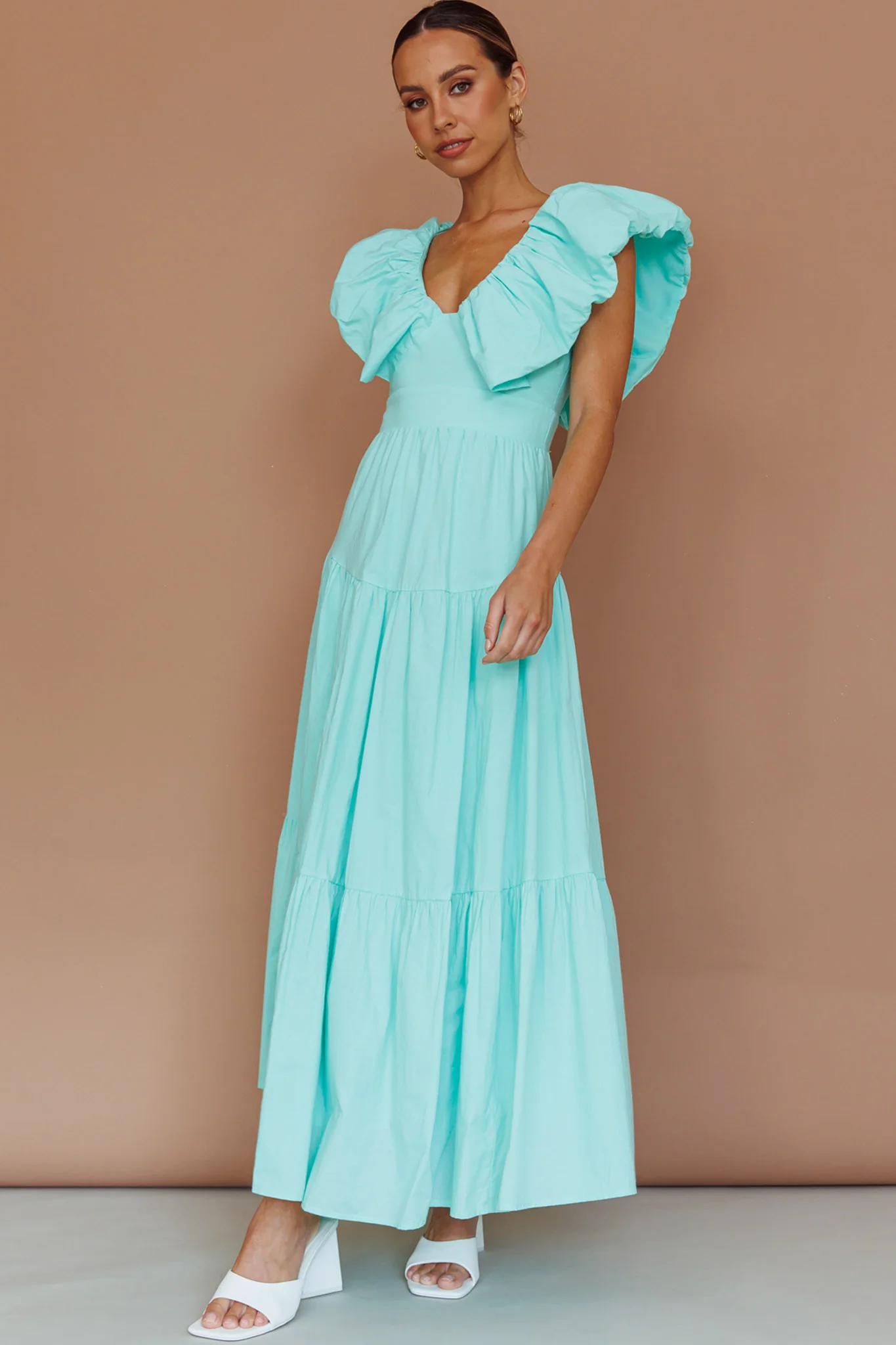 Kahlo Puffed Ruffle Neckline Maxi Dress Mint - Sonourner
