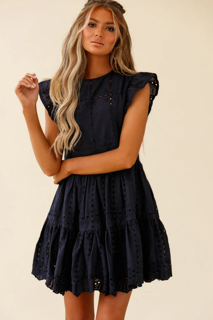 Louise Cap Sleeve Eyelet Embroidery Dress Navy - Sonourner