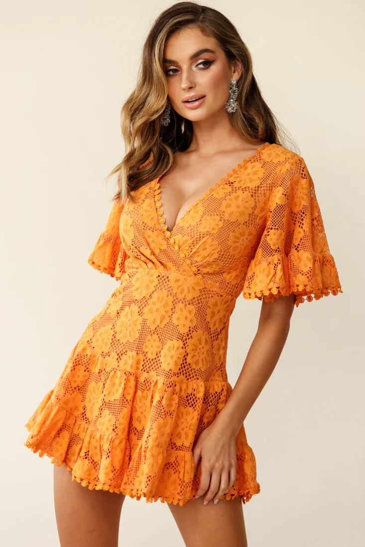 Alaia Short Fluted Sleeve Crochet Lace Dress Sunset - Sonourner