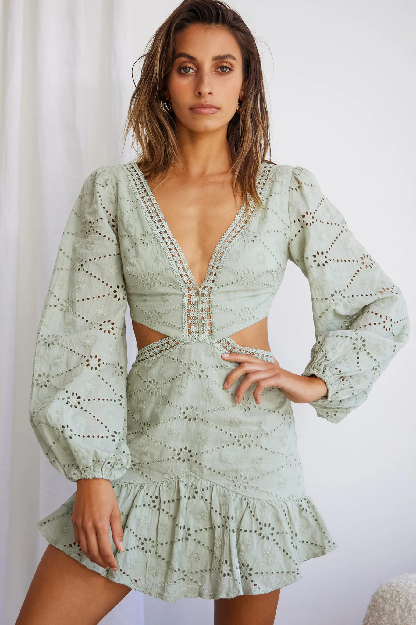 Santorini Sunset Balloon Sleeve Cut-Out Eyelet Dress Sage - Sonourner