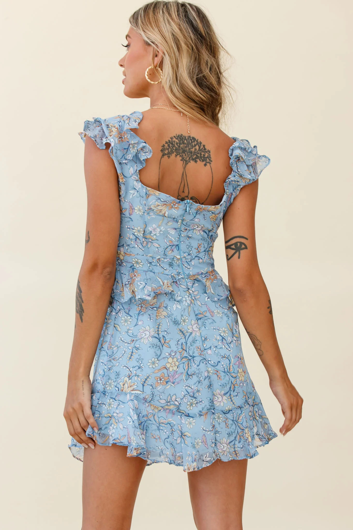 Say That Again Bust Tie Ruffle Trim Dress Floral Print Blue - Sonourner