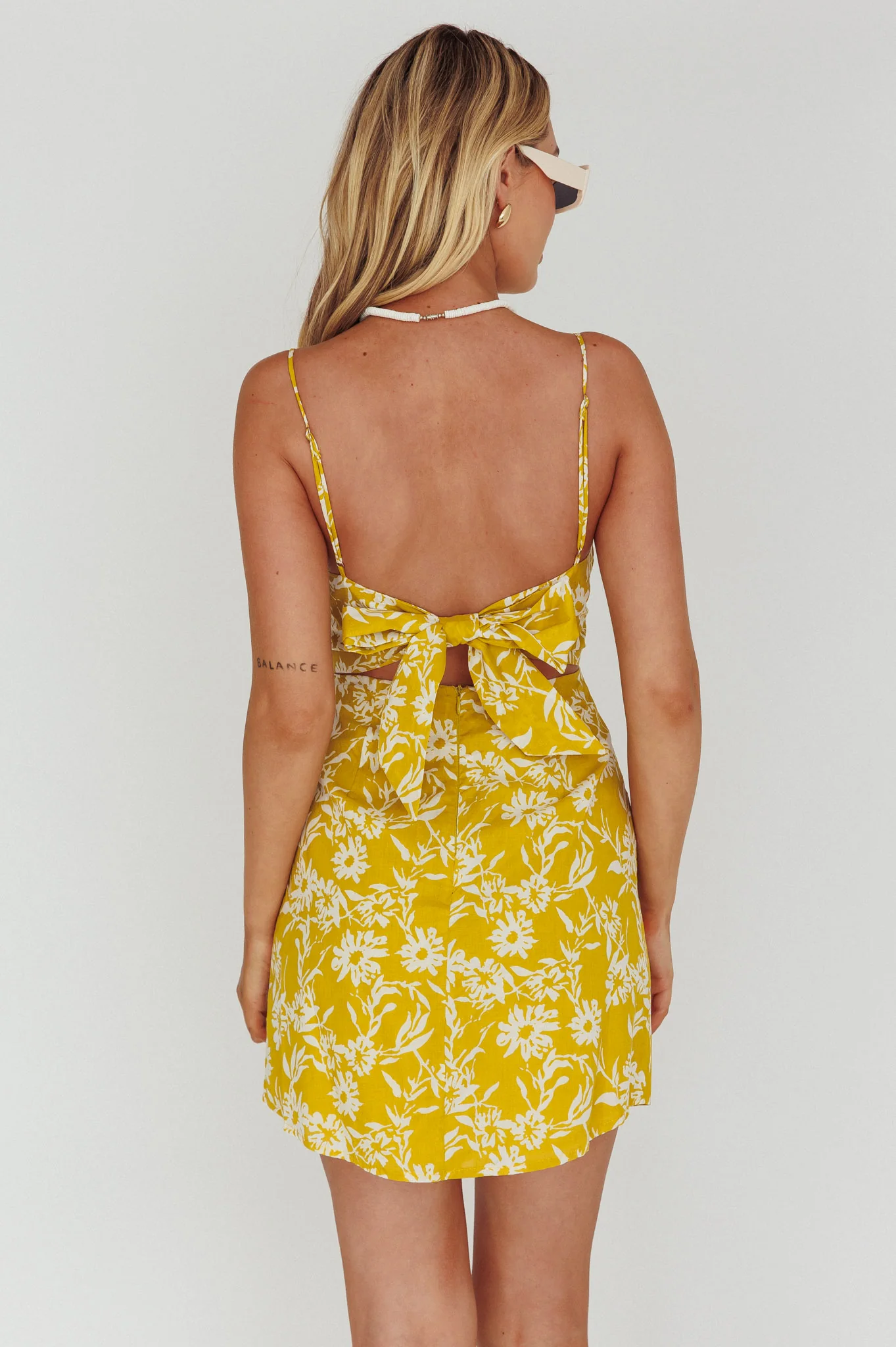 Inana Tied Back Mini Dress Floral Yellow - Sonourner