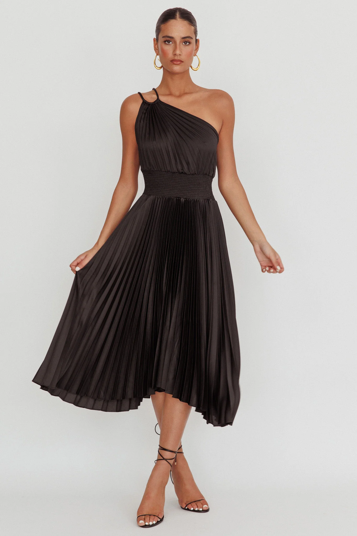 Calissa One Shoulder Pleated Midi Dress Black - Sonourner