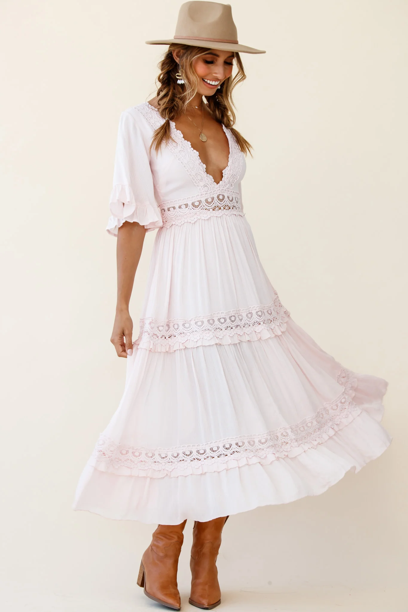 Indio Crochet Insert Deep V-Neckline Angel Sleeve Maxi Dress Pink - Sonourner