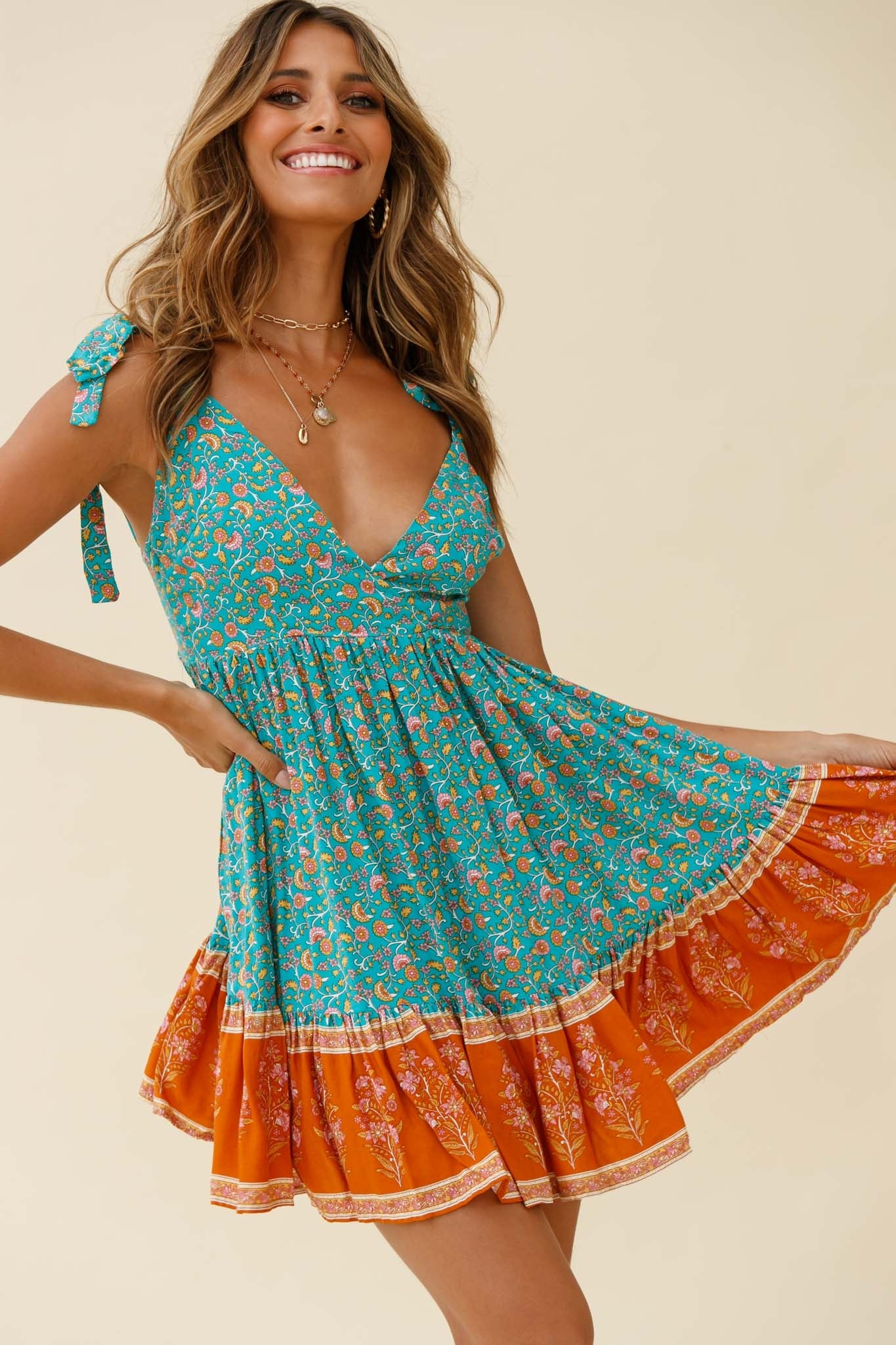 Maven Tied Shoulder Low Back Dress Flower Print Jade - Sonourner