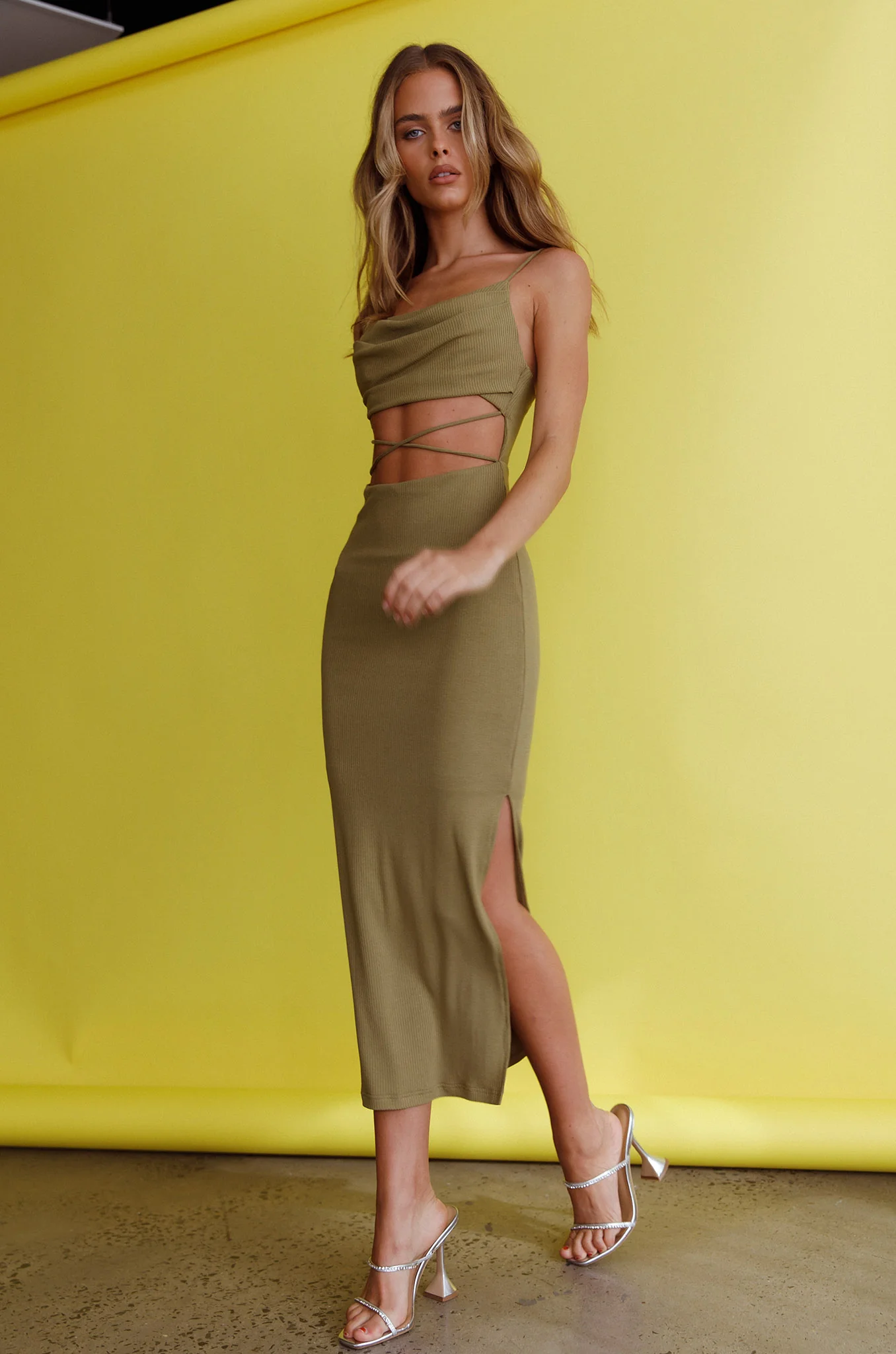 Crazy In Love Cowl Neck Cut-Out Waist Midi Dress Olive - Sonourner