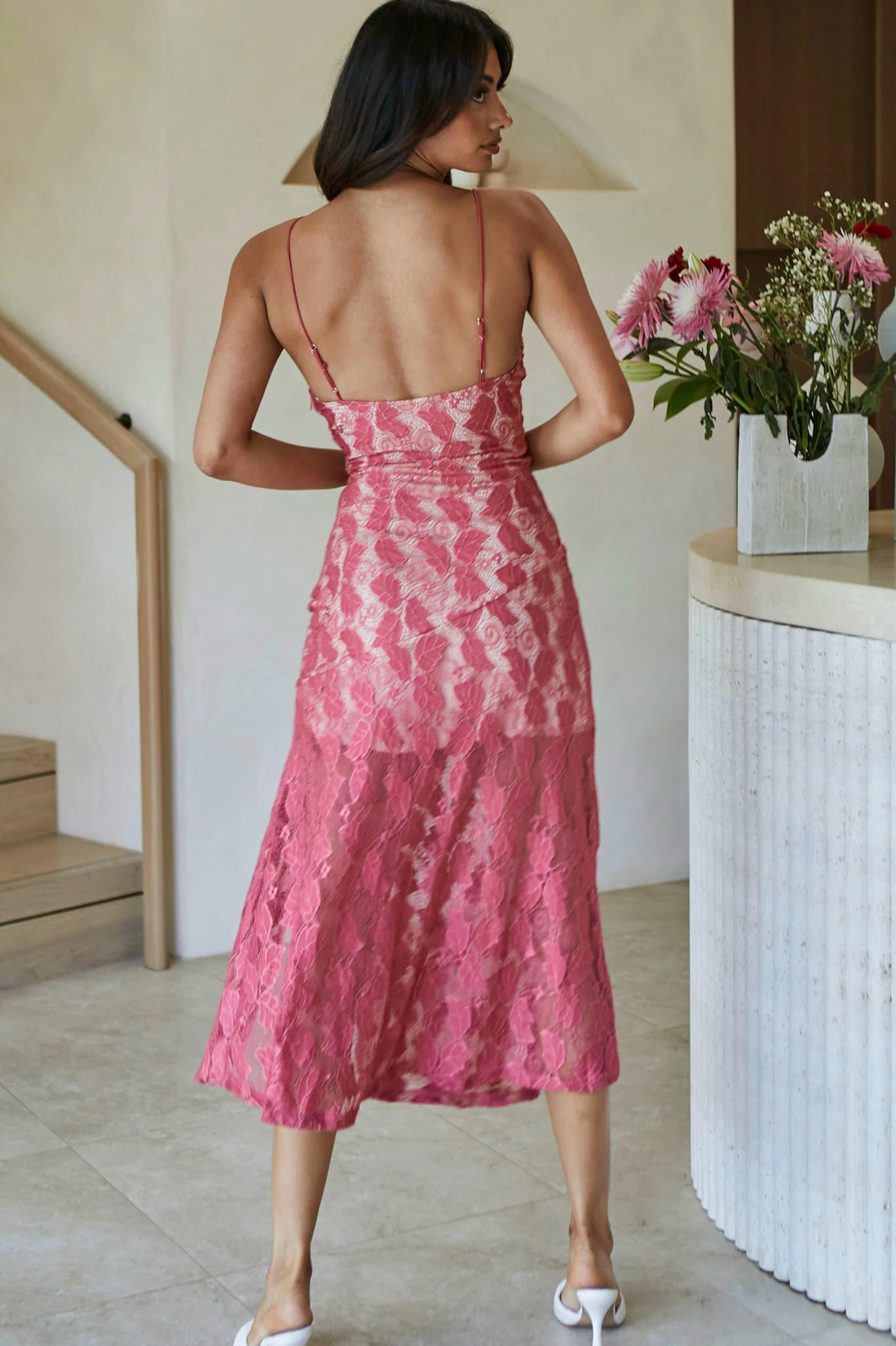 Well Versed Pleated Bust Front Split Dress Lace Rose - Sonourner