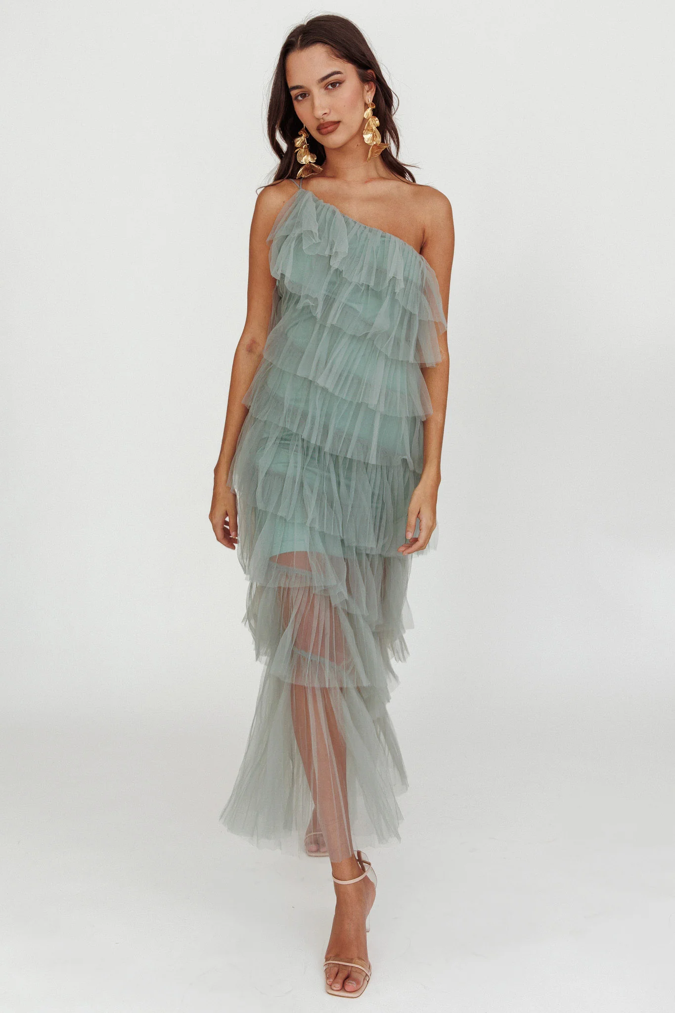 Arrabel Tiered Ruffle Tulle Maxi Dress Sage - Sonourner