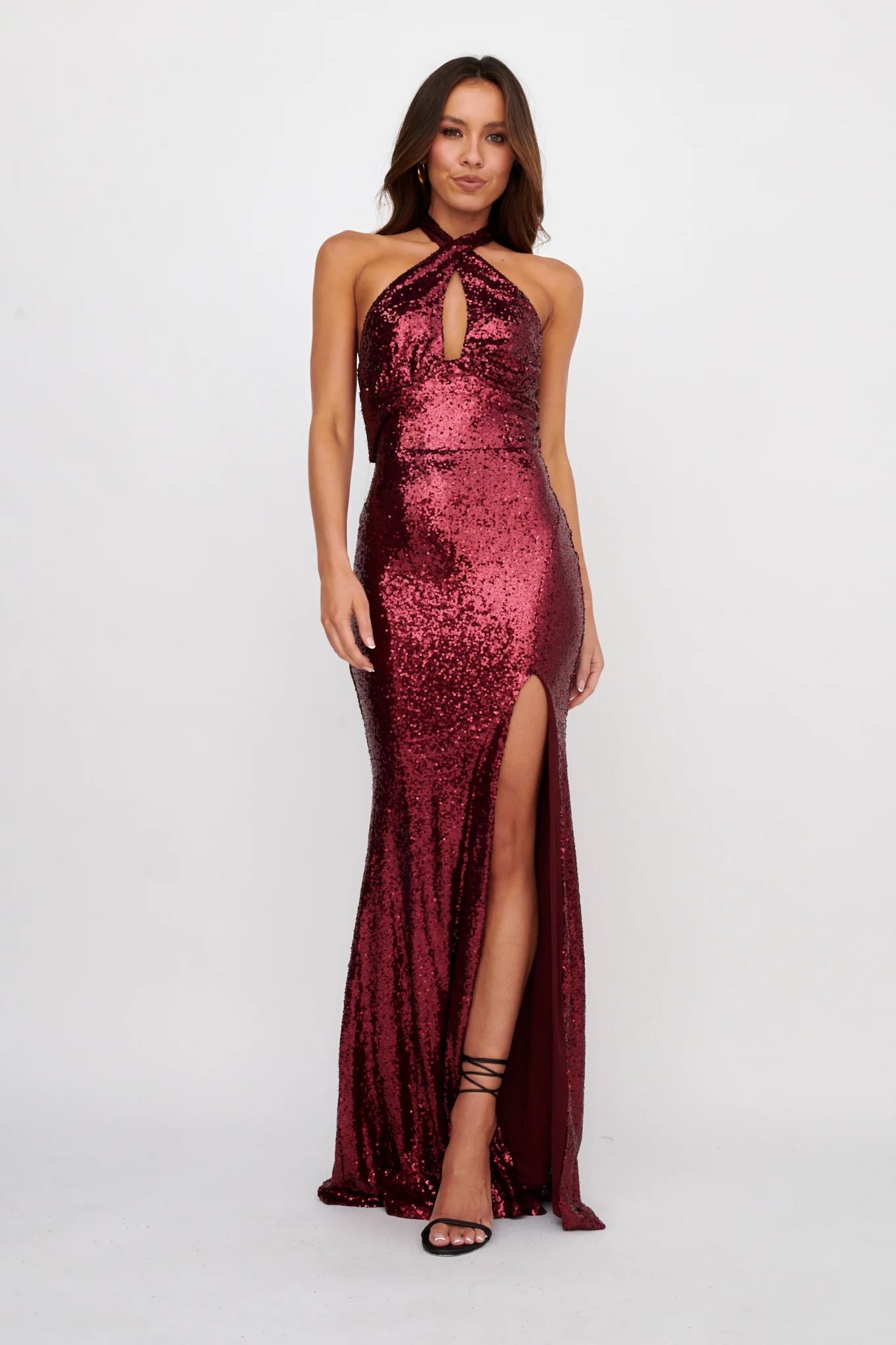Rosella Halterneck Sequin Maxi Dress Burgundy - Sonourner