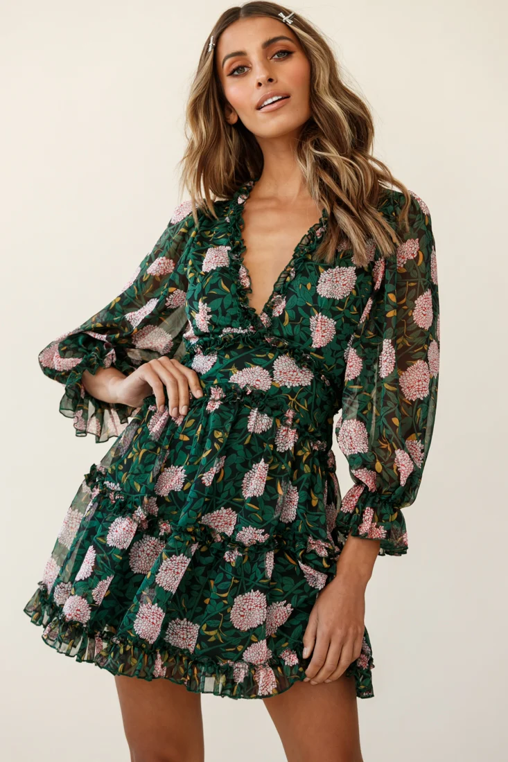 Laney Cutout Back Ruffle Trim Dress Floral Print Green - Sonourner