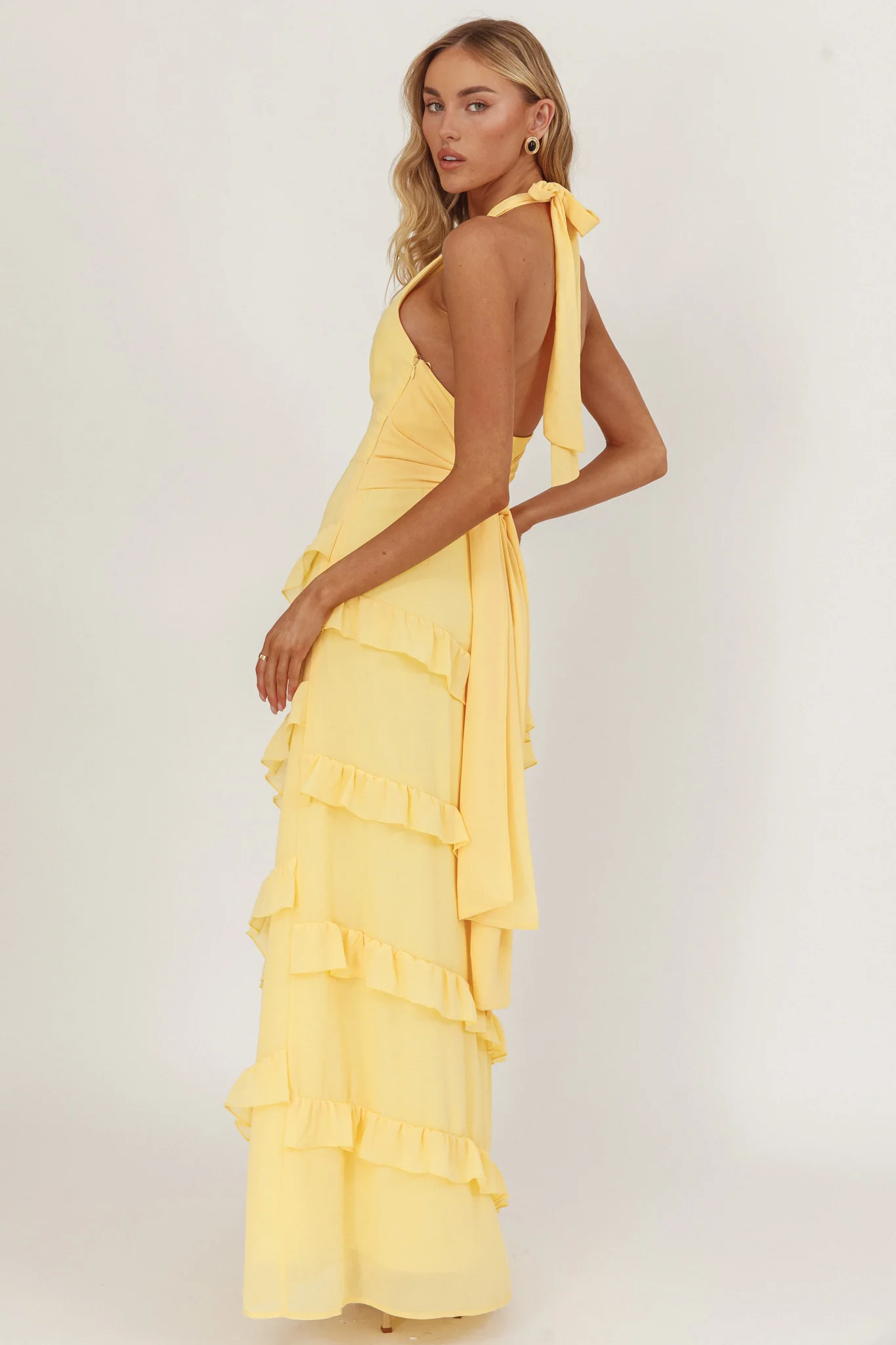 Flirt Frill Trim Halter Maxi Dress Lemon - Sonourner