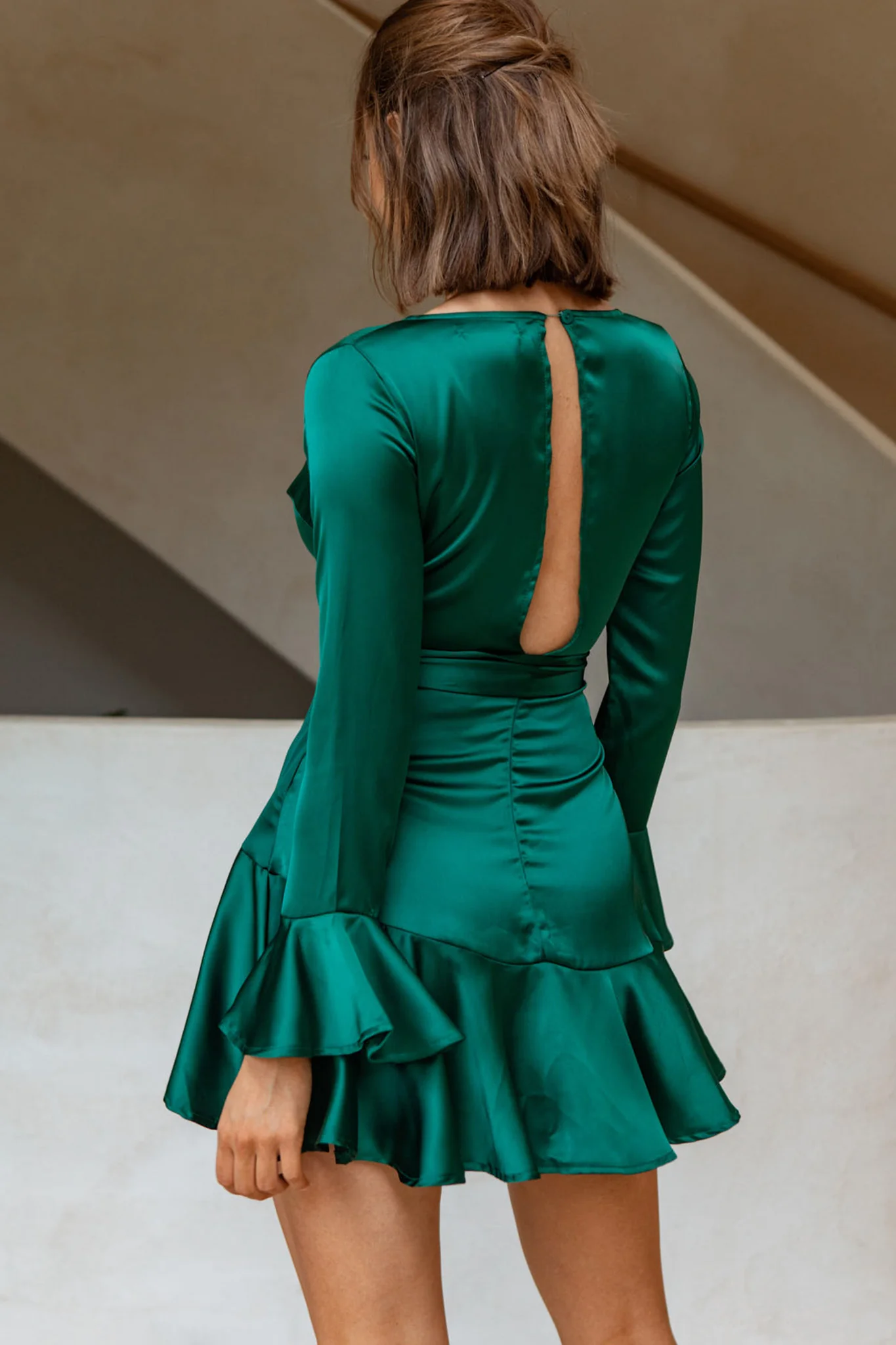 Khandi Long Sleeve Ruffle Wrap Dress Jade - Sonourner