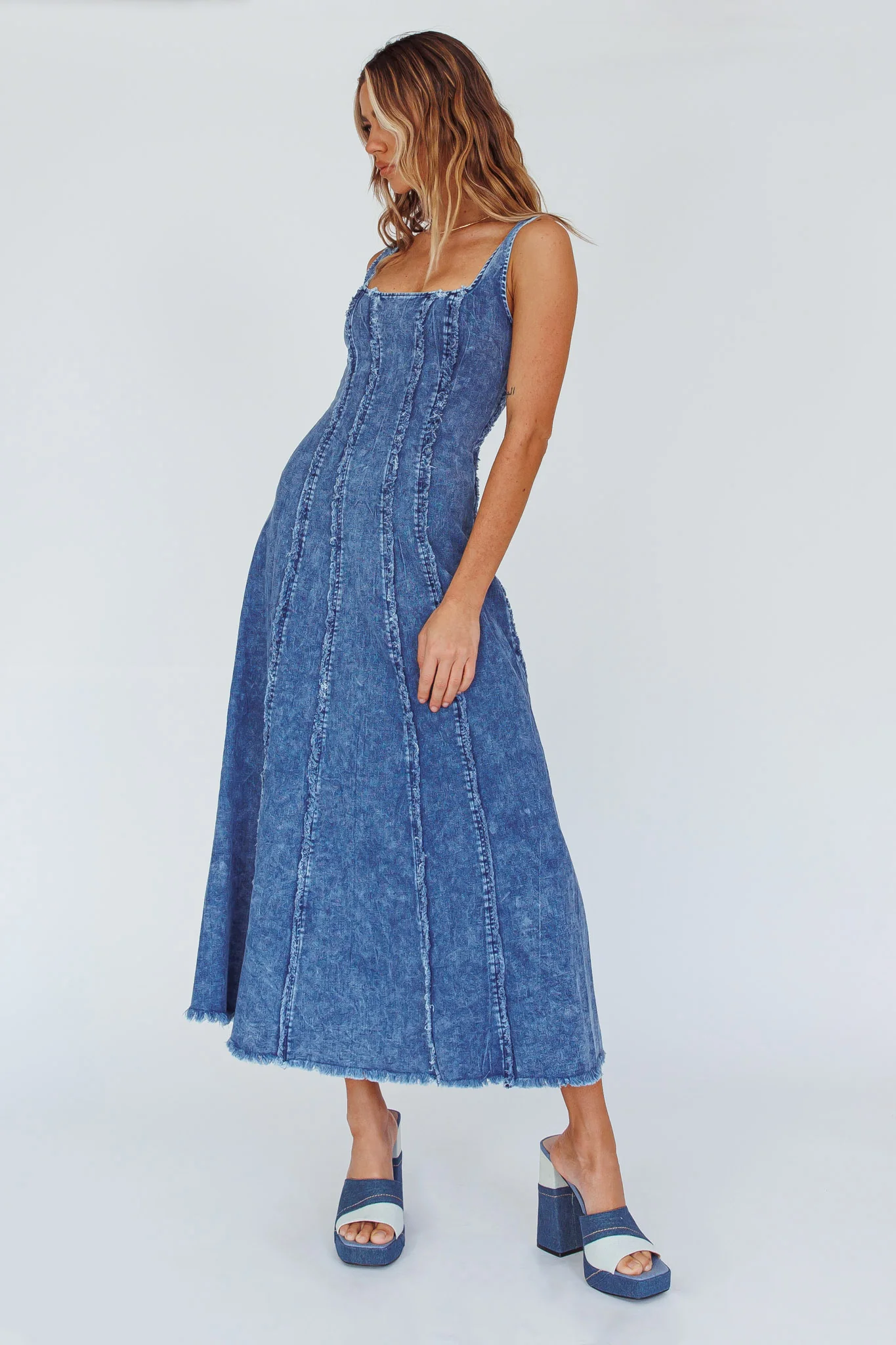 Northern Sky Fringe Trim Midi Dress Dark Blue - Sonourner