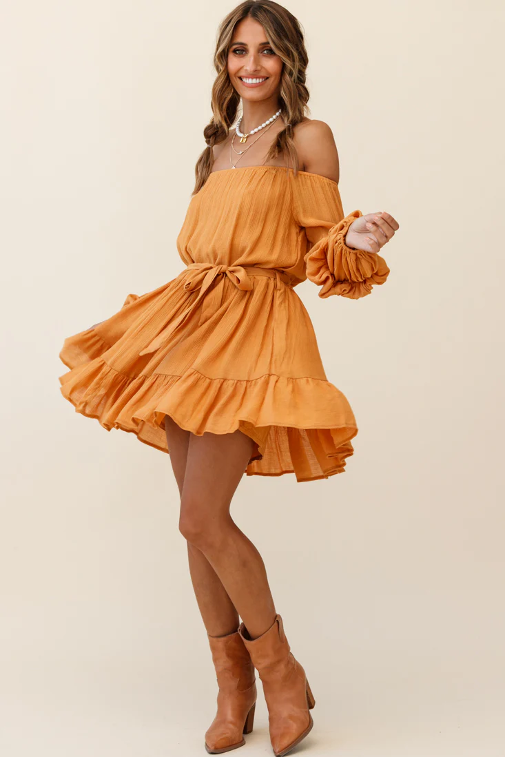 Frida Off-Shoulder Waist Tie Dress Tan - Sonourner