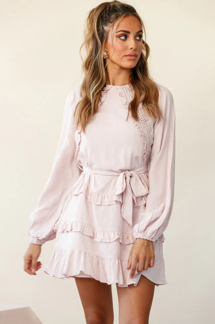 Dusk Long Sleeve Waist Tie Frill Dress Blush - Sonourner