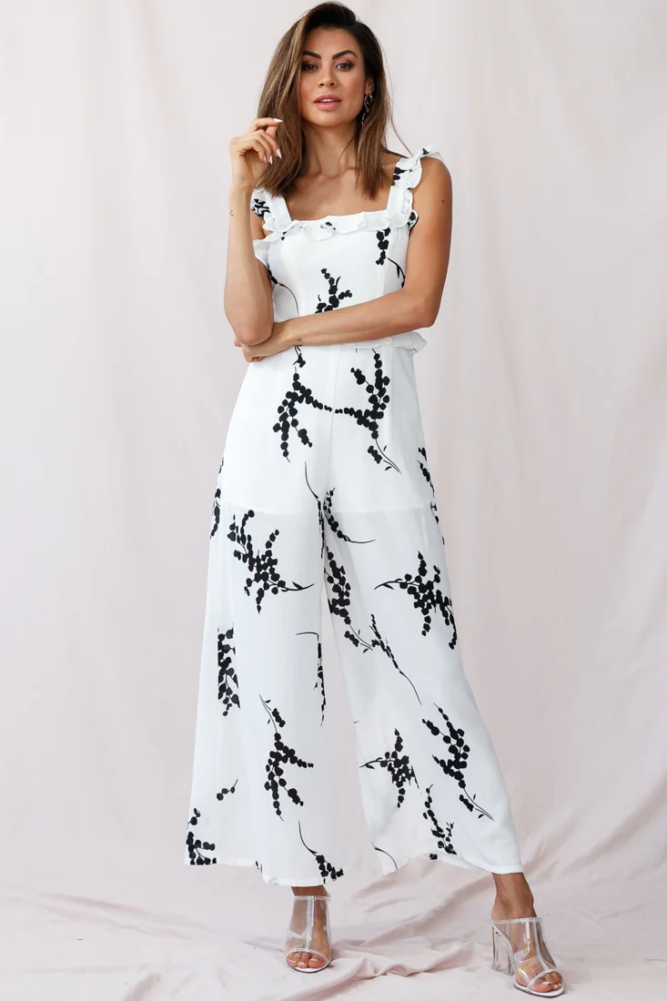 Azure Frill Strap Wide Leg Jumpsuit Floral Print White - Sonourner