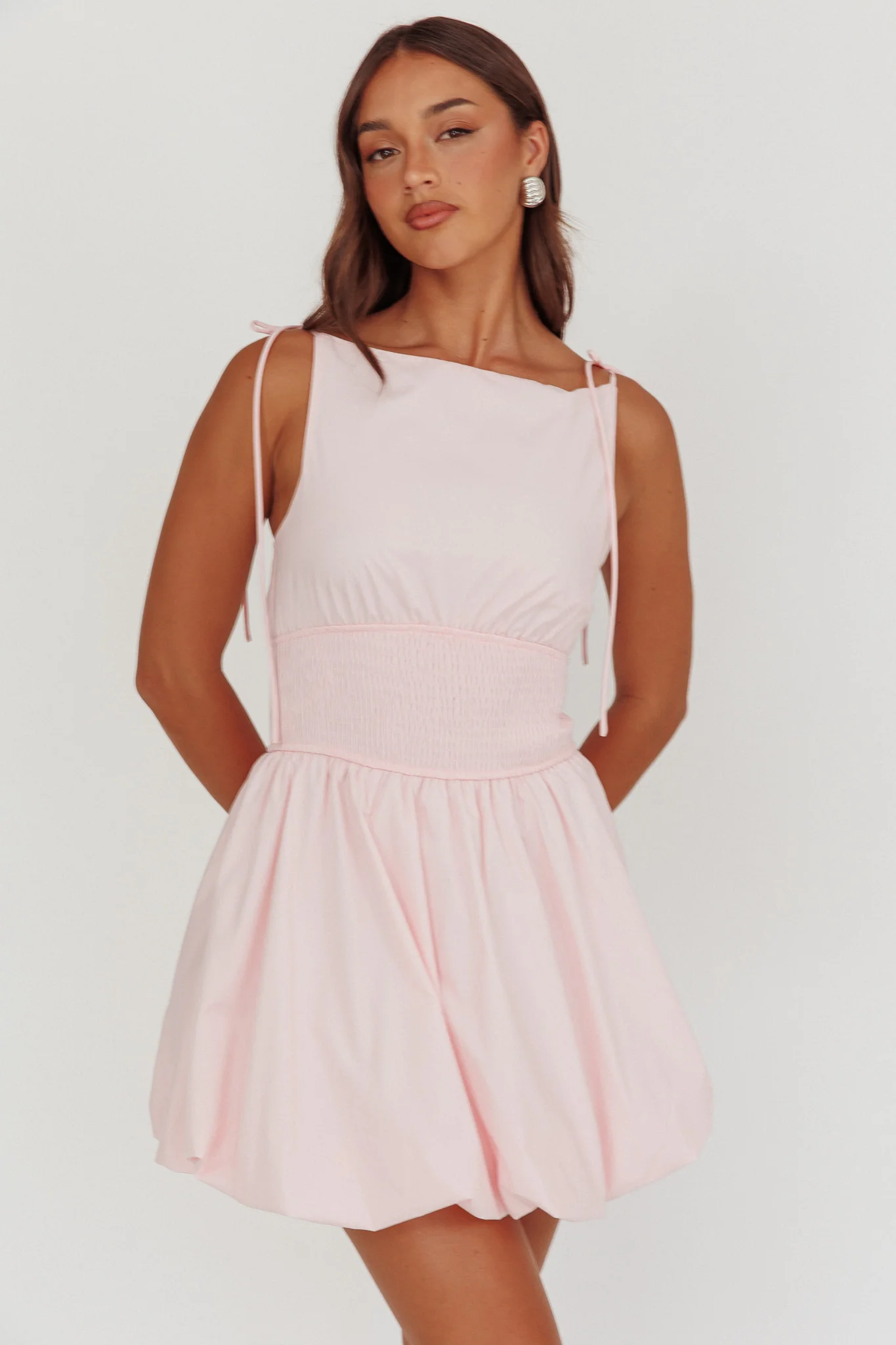 Like Art Tied Shoulder Bubble Mini Dress Pink - Sonourner