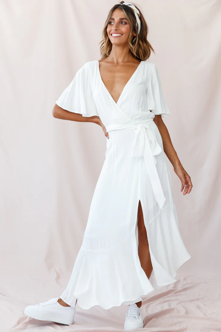 Friday Surplice Neckline Front Split Maxi Dress White - Sonourner