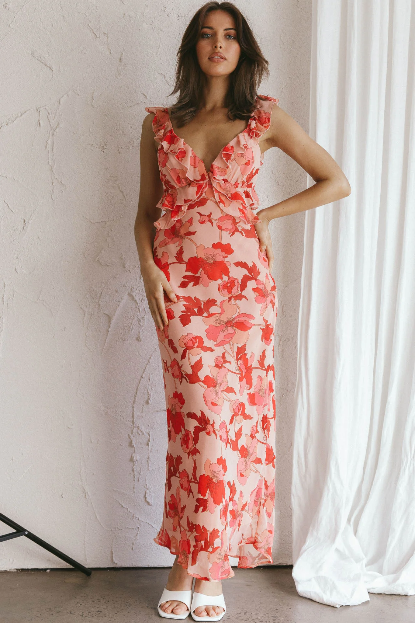 Second Chances Ruffle Trim Midi Dress Floral Pink - Sonourner