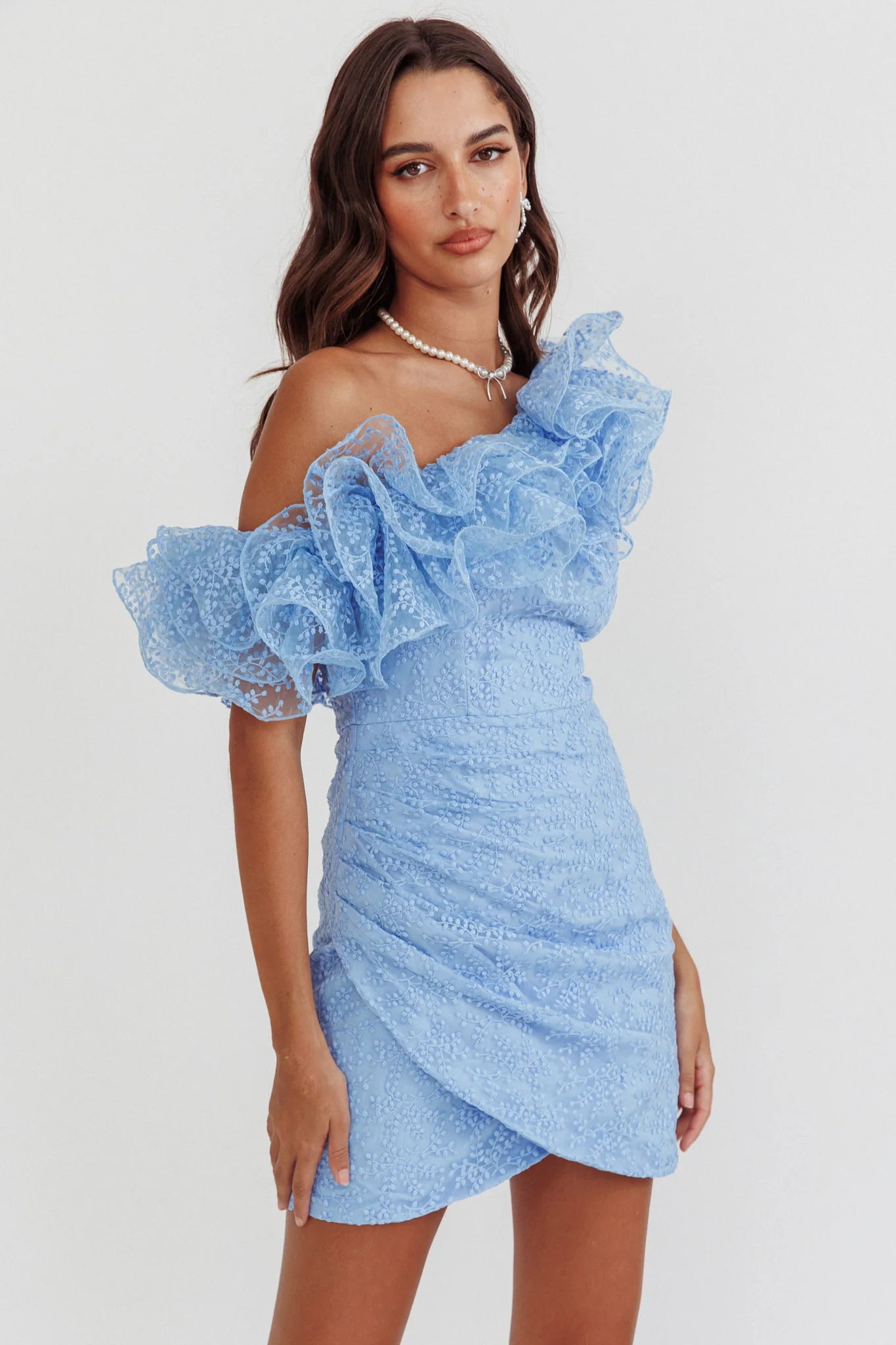 Hollyn One-Shoulder Ruffle Mini Dress Baby Blue - Sonourner