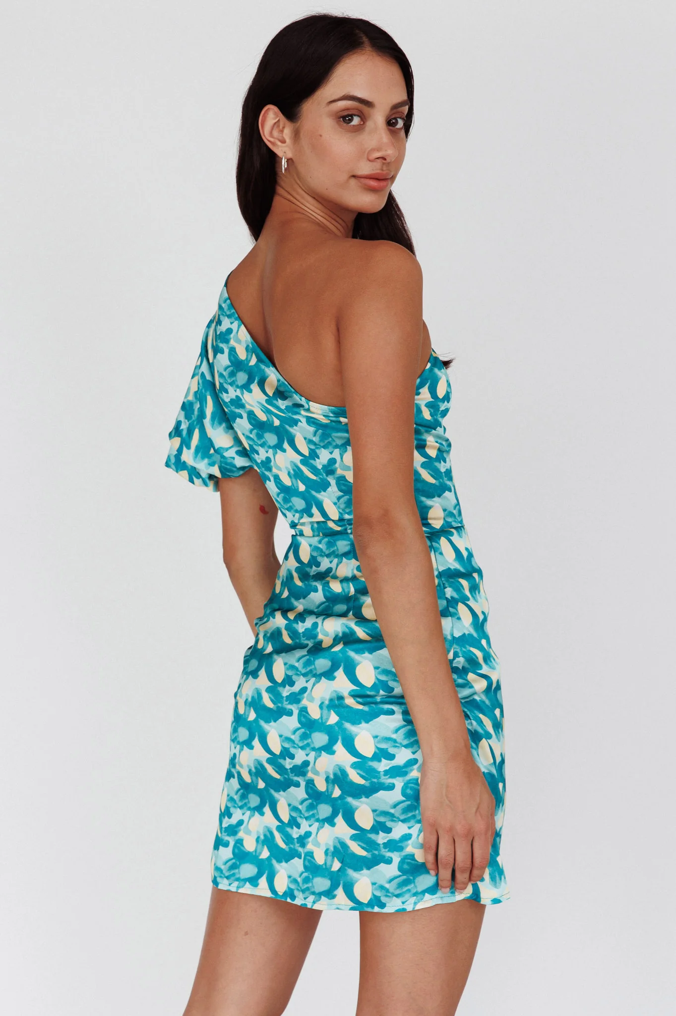 Krishna One-Shoulder Puff Sleeve Mini Dress Green - Sonourner