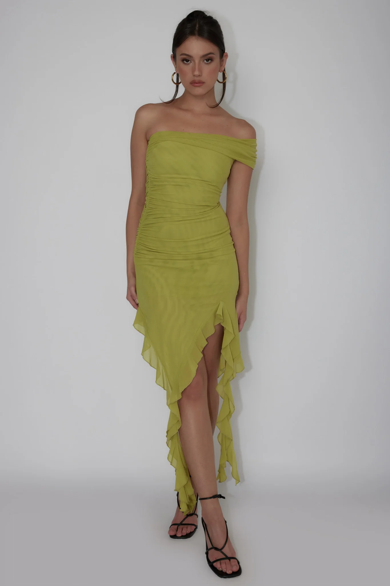 After Party One Sleeve Ruffle Mini Dress Lime - Sonourner