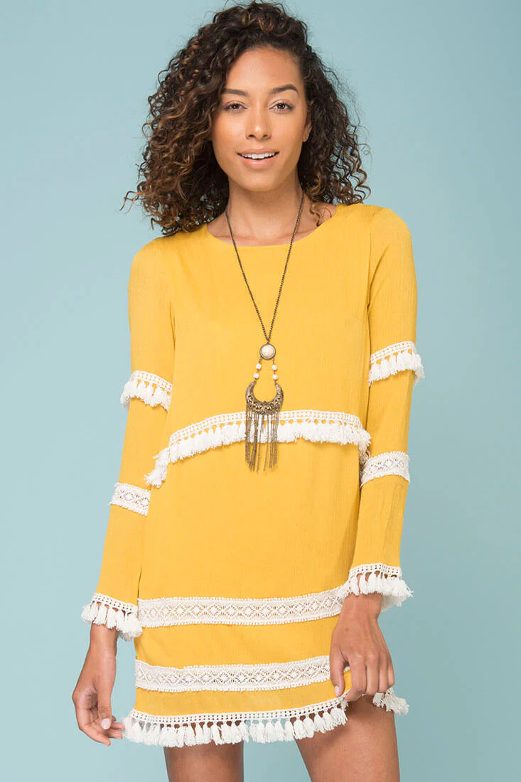 Ansley Cute Tassle Dress Yellow Mustard - Sonourner