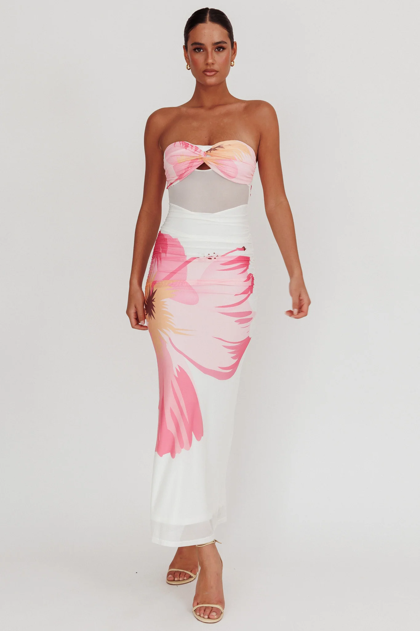 Oliana Sheer Waist Floral Maxi Dress White - Sonourner