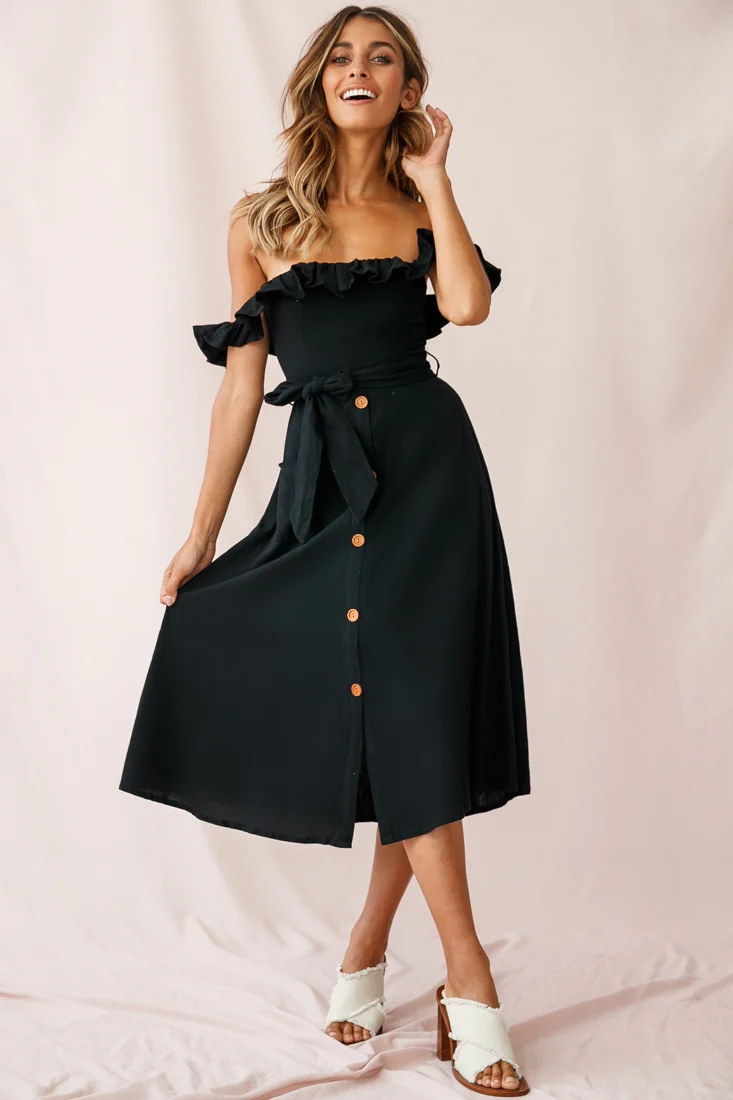 Matisse Off-Shoulder Placket Dress Black - Sonourner