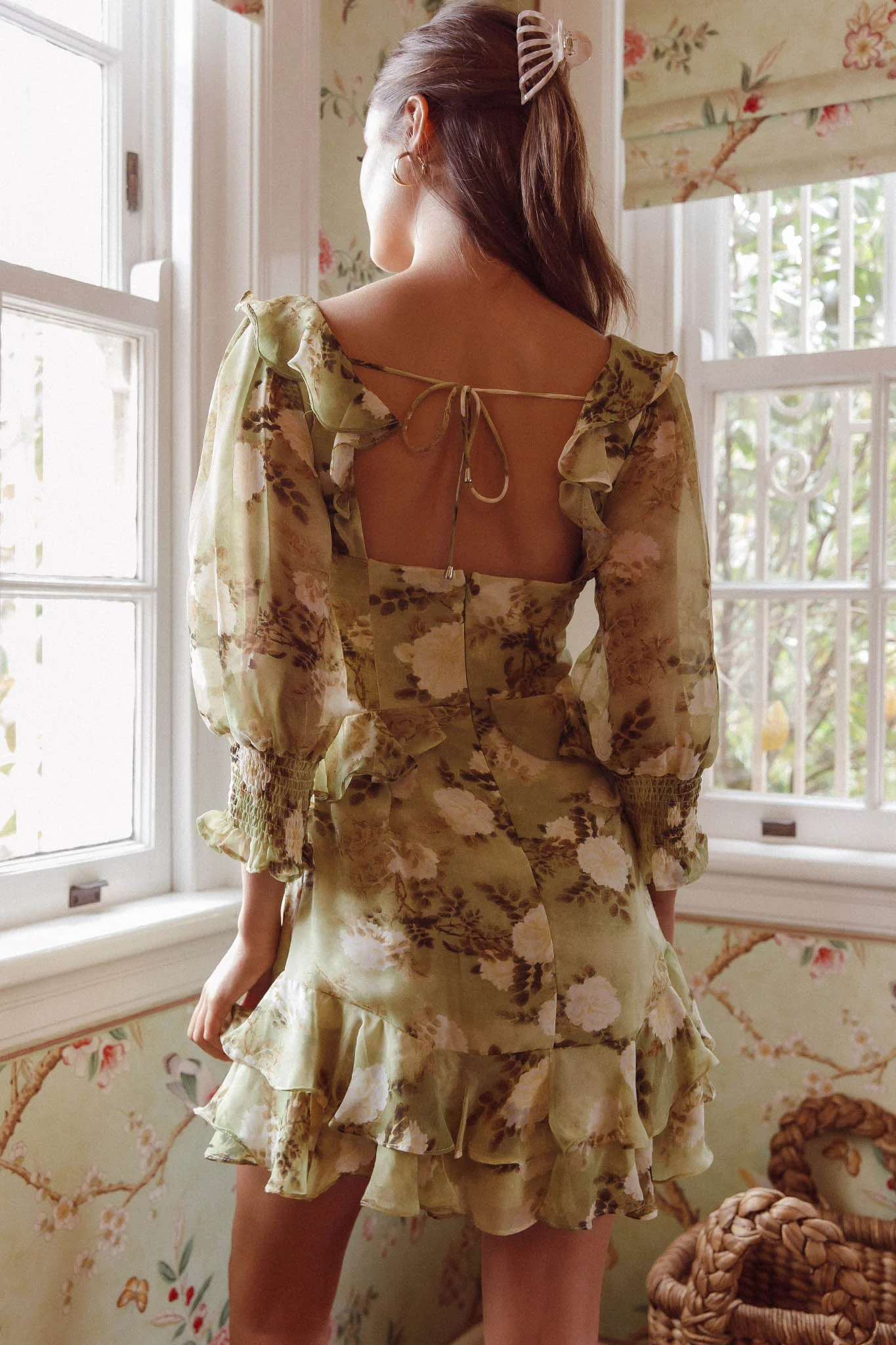 Desiree 3/4 Sleeve Sweetheart Neckline Frill Dress Floral Green - Sonourner