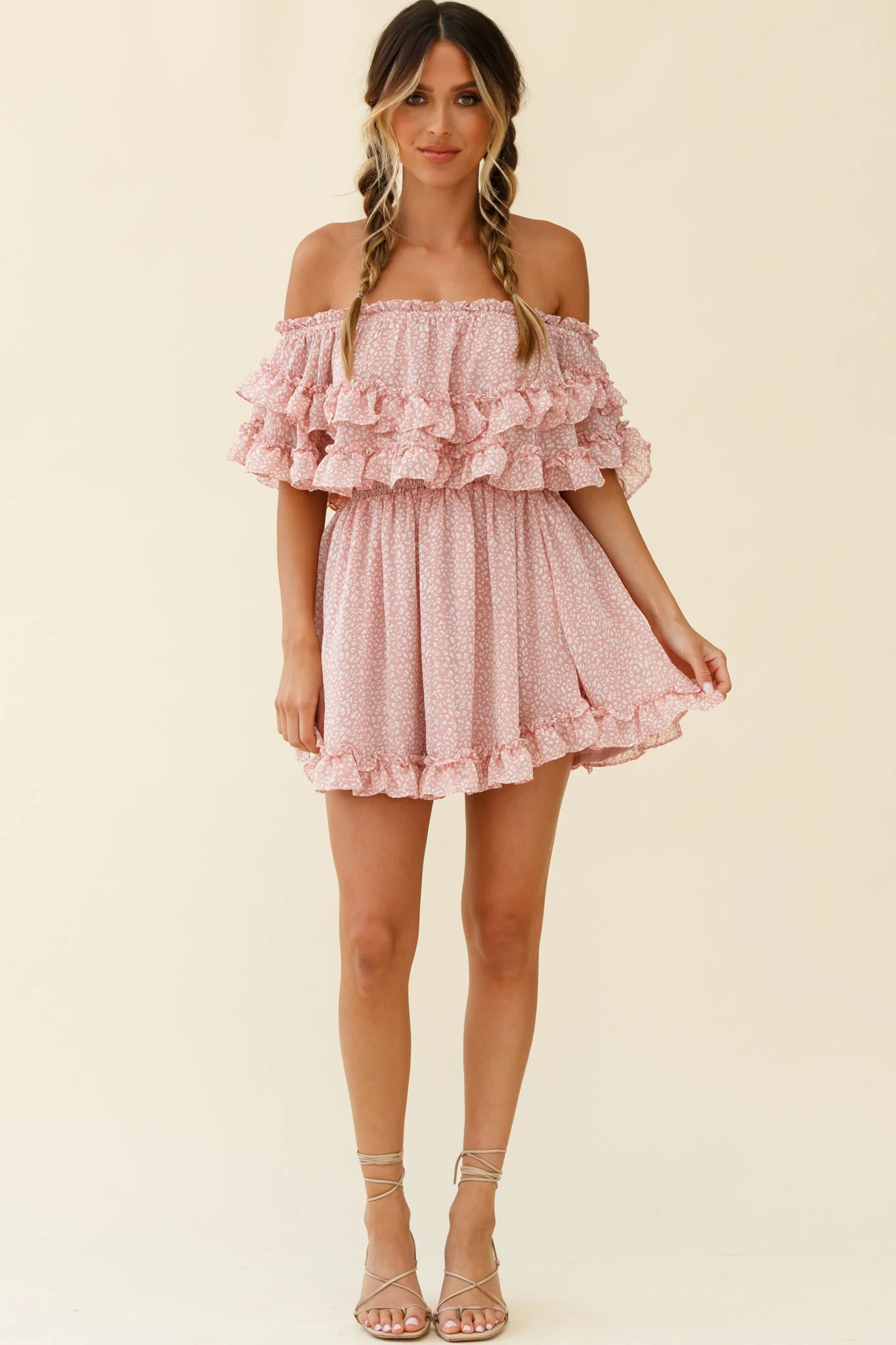 Meet Me At Sunset Bardot Neckline Frill Trim Dress Speckle Print Pink - Sonourner