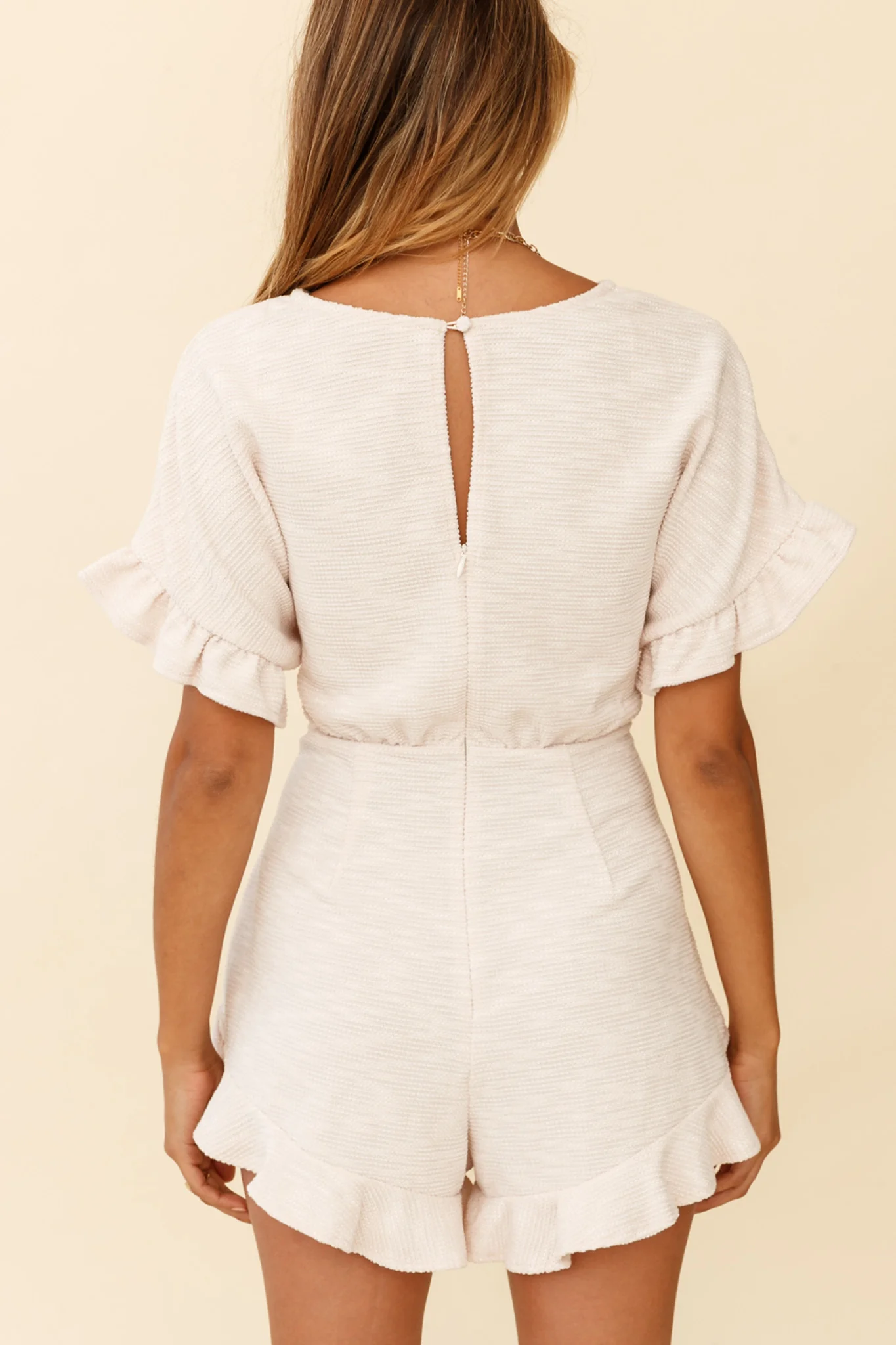 Feelin' Blessed Waist-Tie Frill Trim Romper Beige - Sonourner