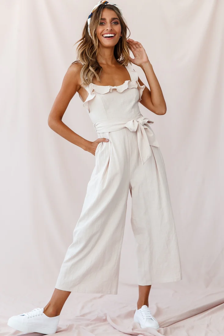 Kaia Ruffle Strap Wide-Leg Capri Jumpsuit Beige - Sonourner