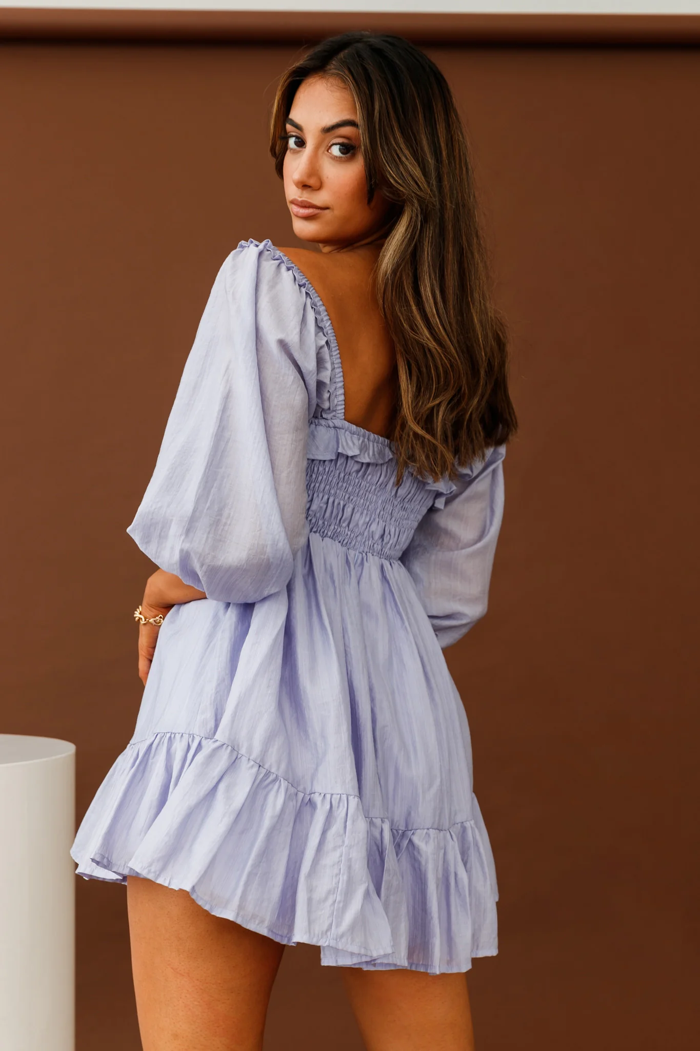 Flynn Balloon Sleeve Shirred Bust Mini Dress Lavender - Sonourner